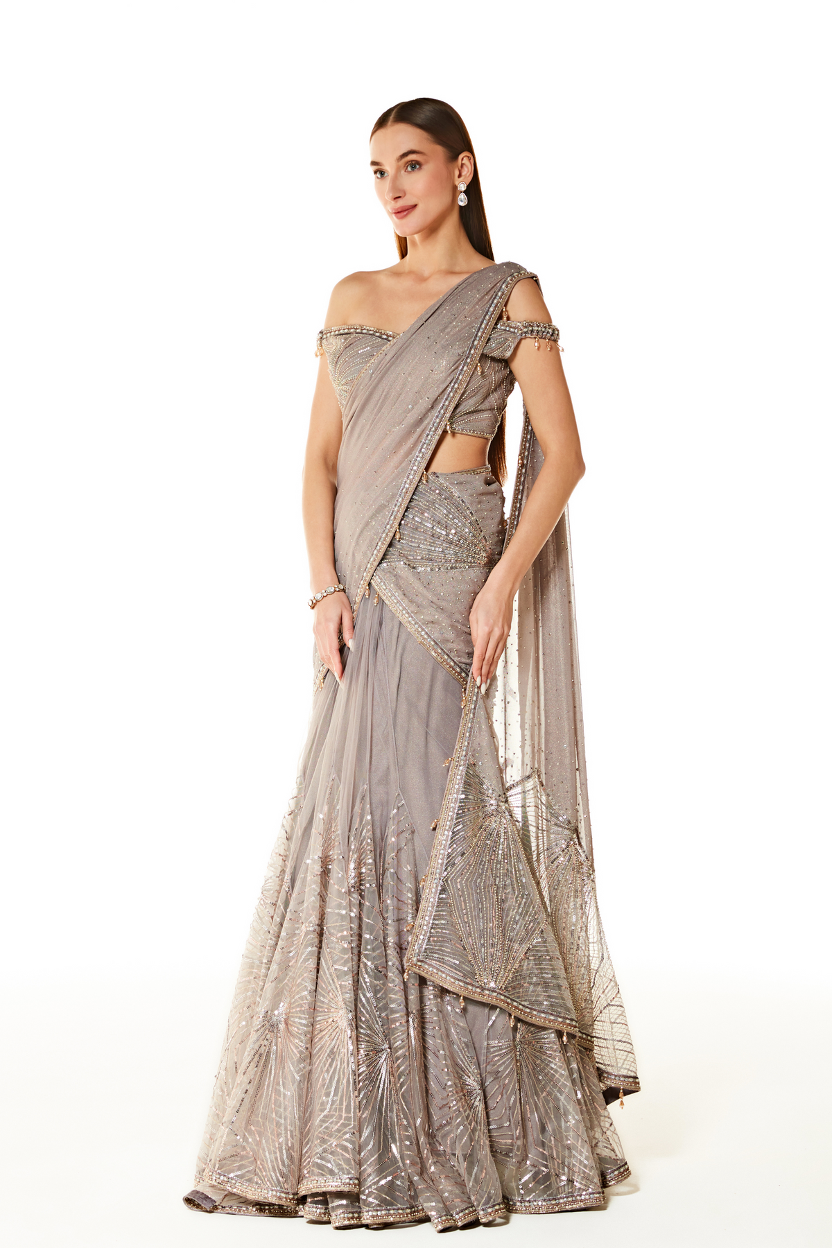 Grey Adha Embroidered Lehenga Saree Set