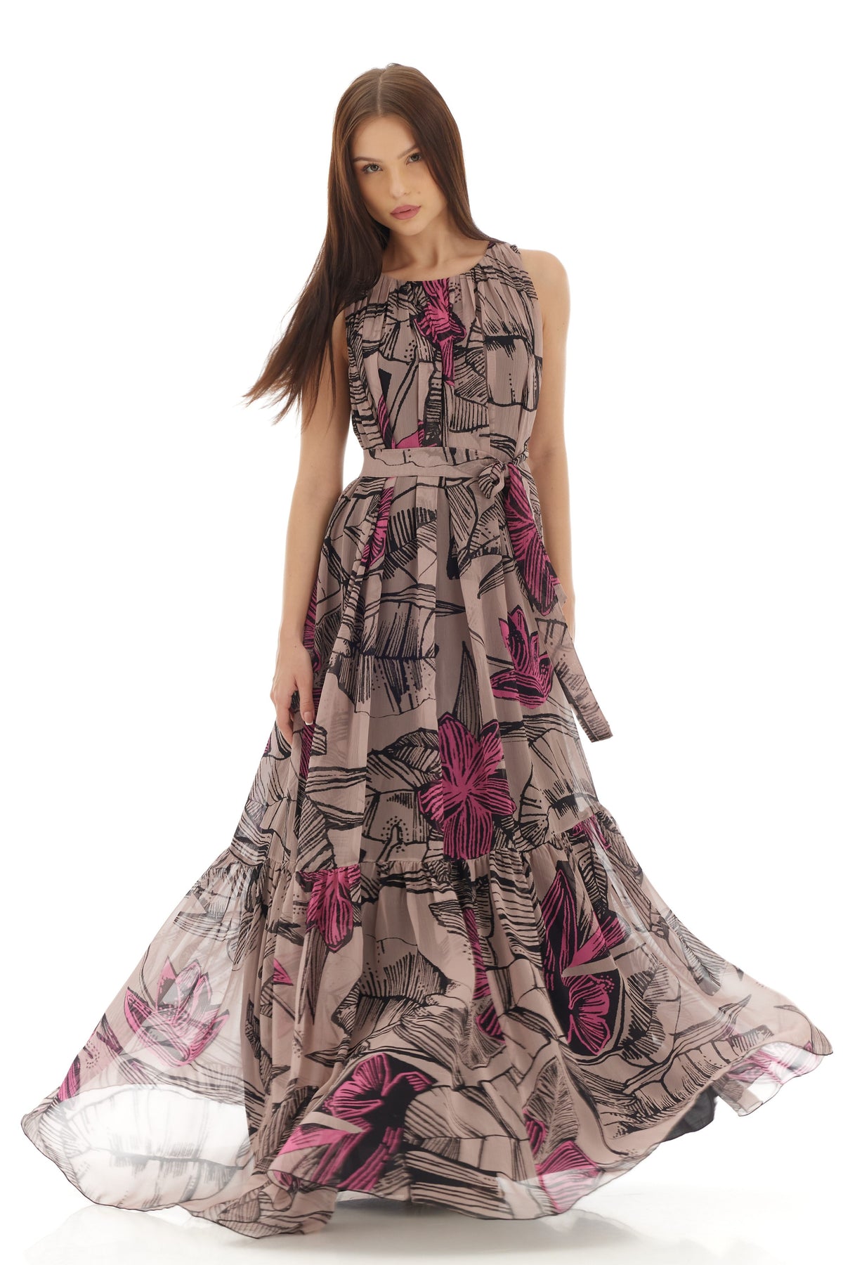 Grey Floral Long Dress