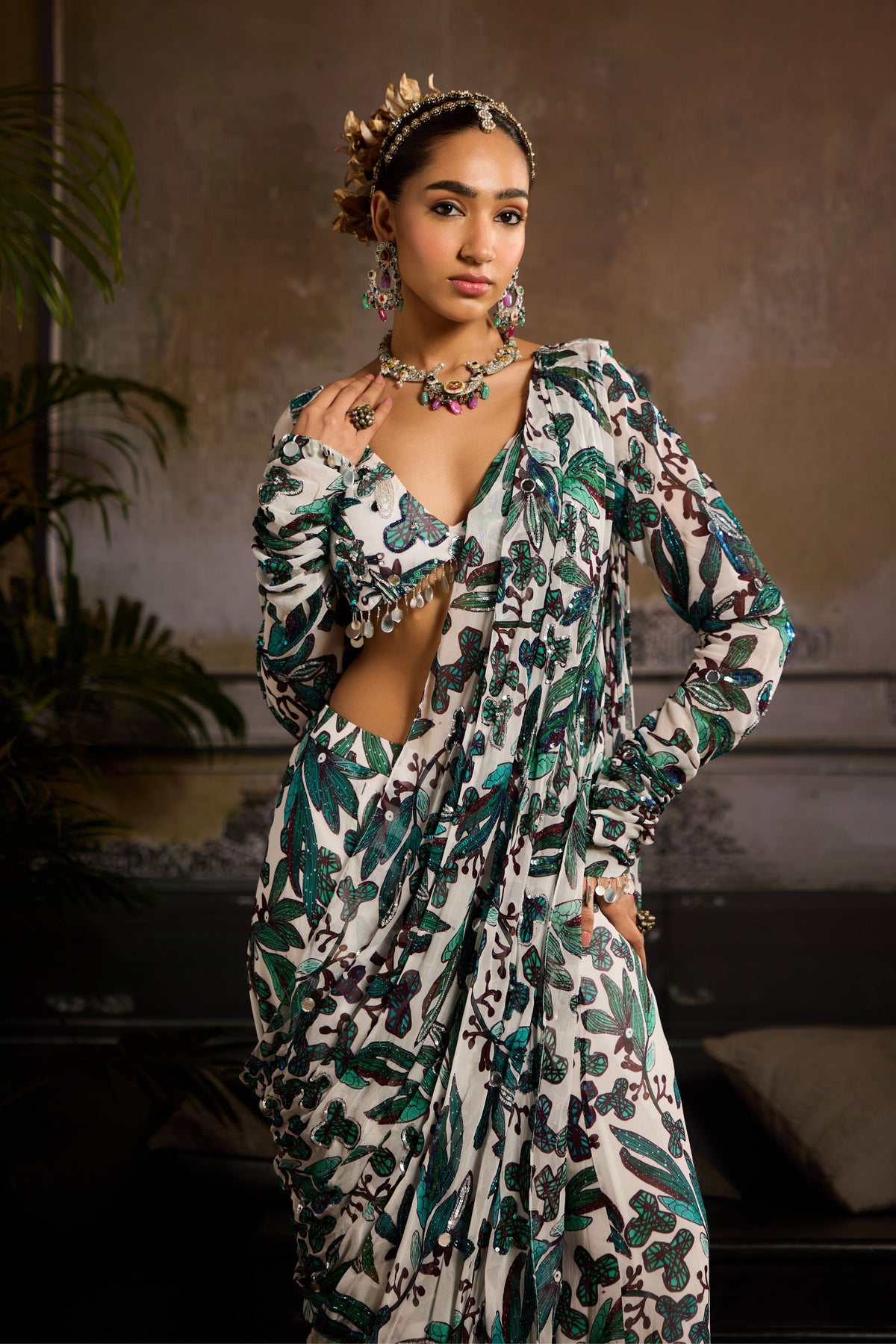 Teal Leaf Draped Saree Set