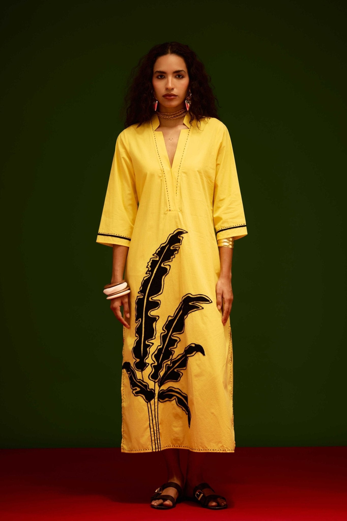 Leaf Motif Yellow Dress - Indian Summer Story - Elahe