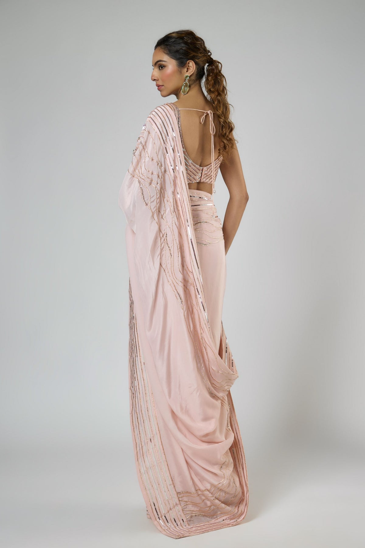 Peachy Pink Draped Saree Set