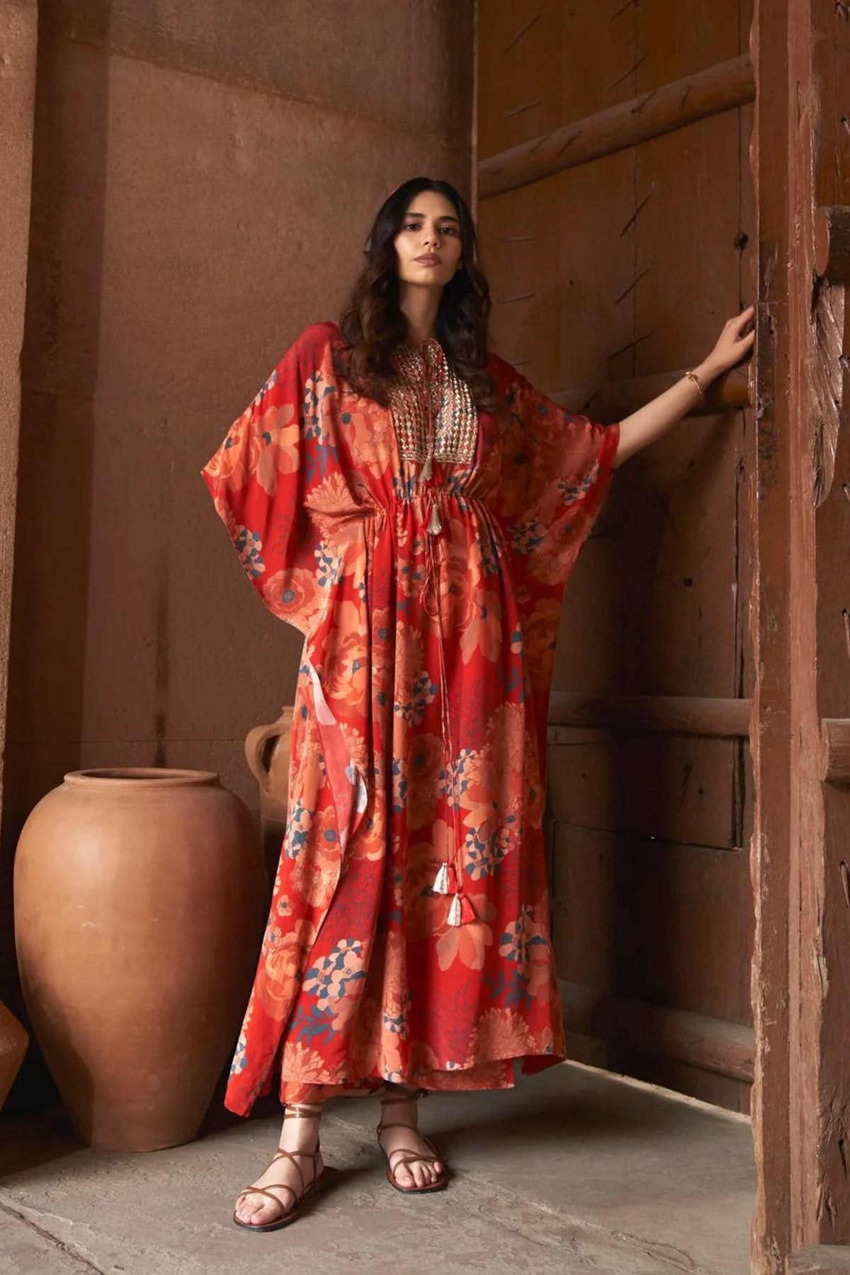 Red Moroccan Zari Yoke Kaftan