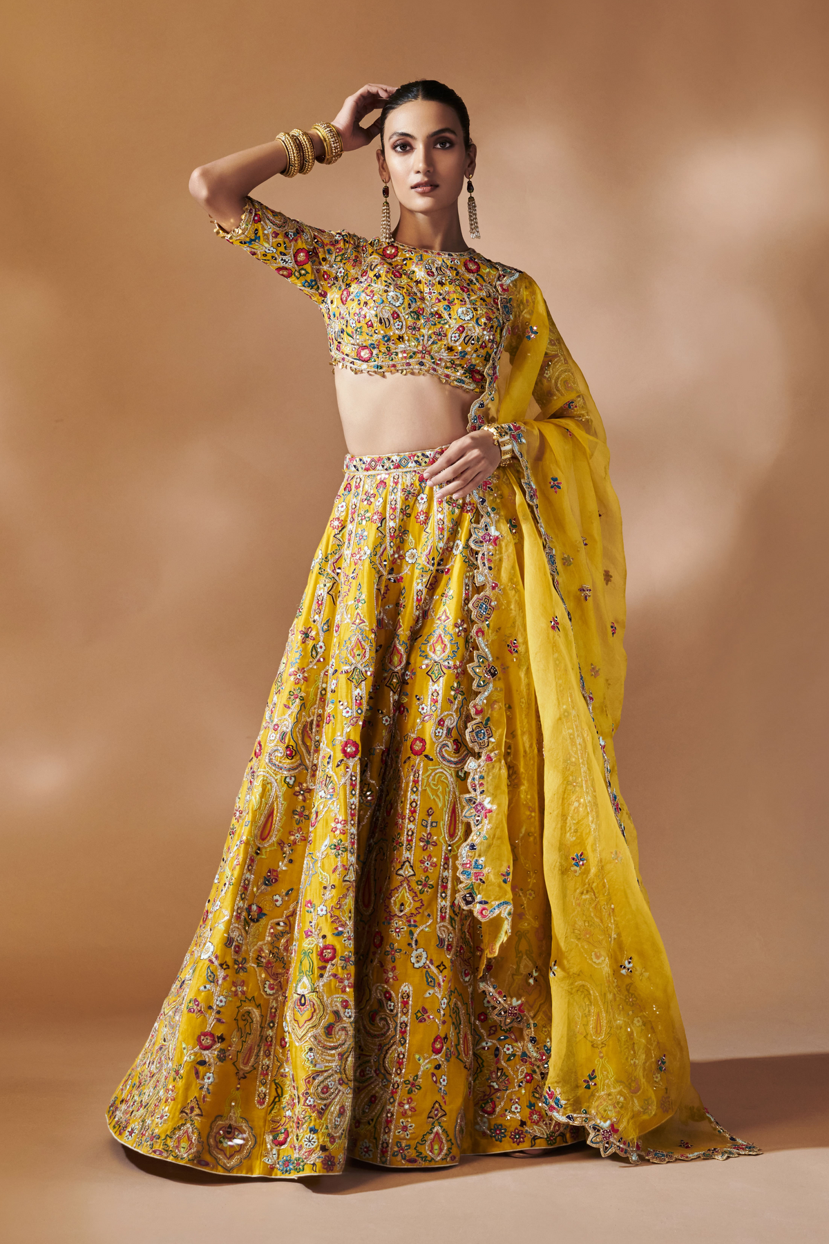 Mustard Lehenga Set With Elbow Lengt Sleeves