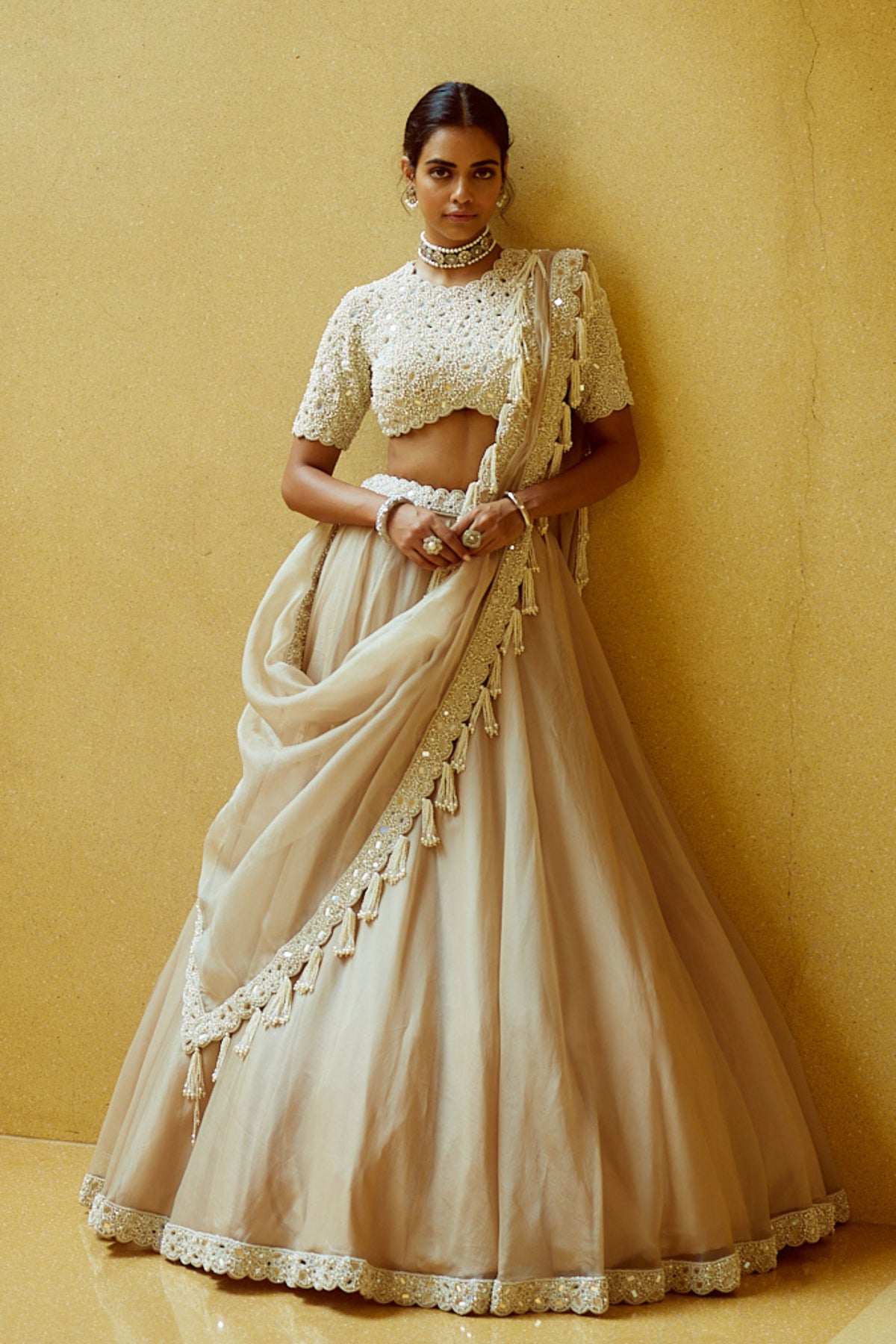 Light Beige Pearl Lehenga Set