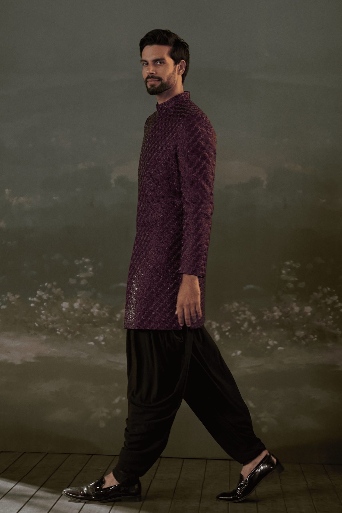 Purple And Black Embroidered Sherwani Set