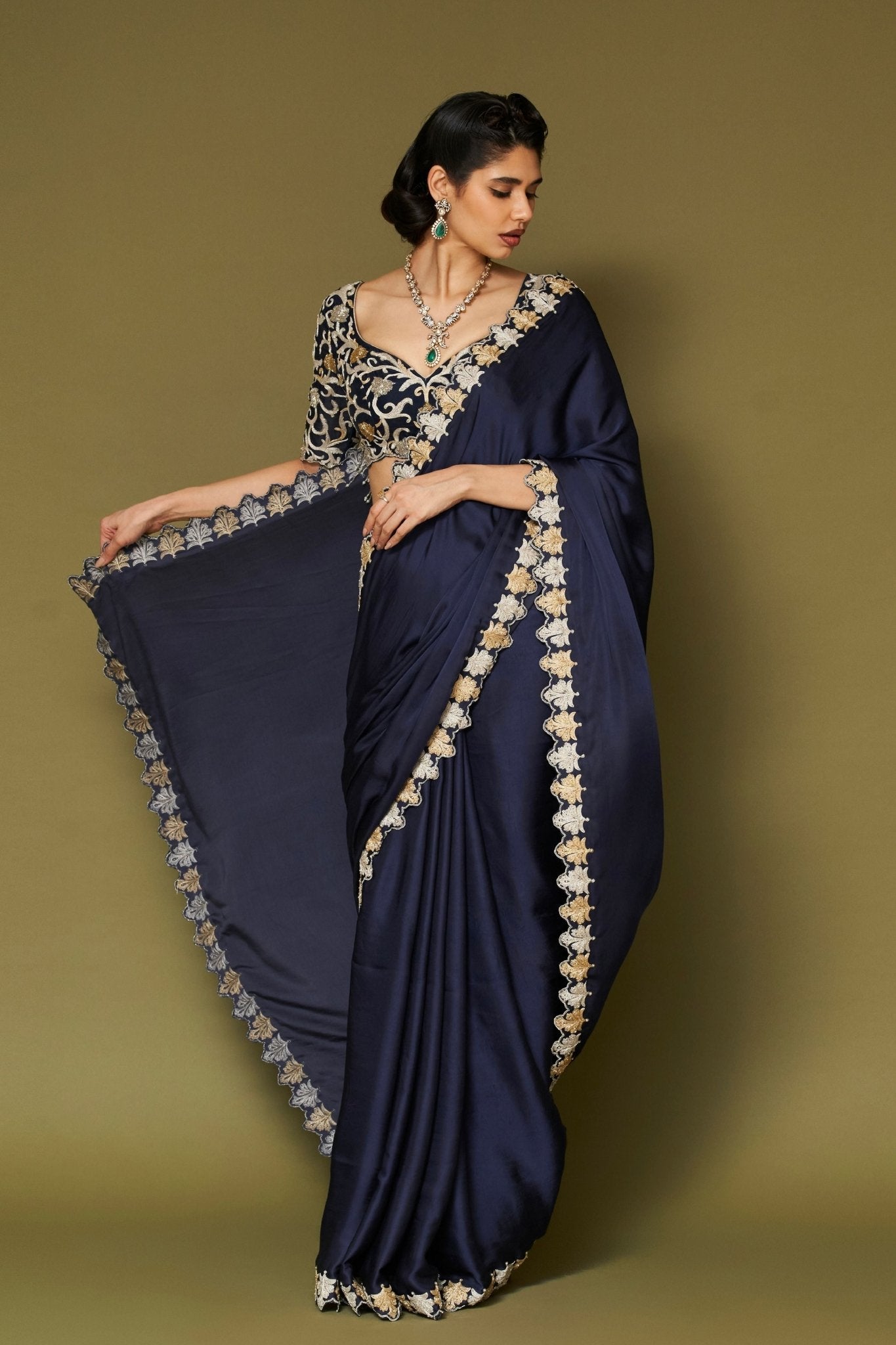Navy Embroidered Modal Satin Saree Set - Devnaagri - Elahe