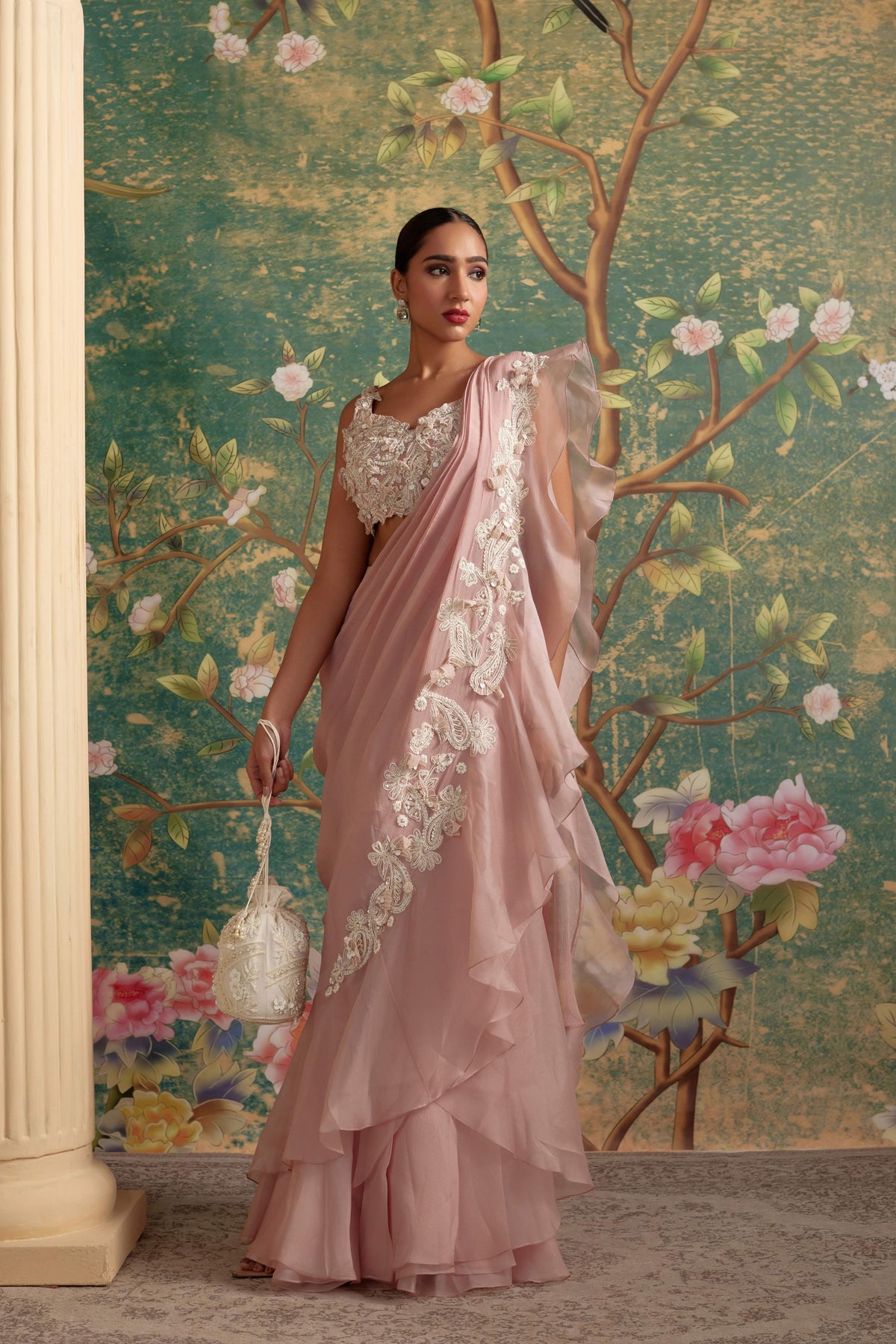 Dainty Dusky Pink Drape Saree Set