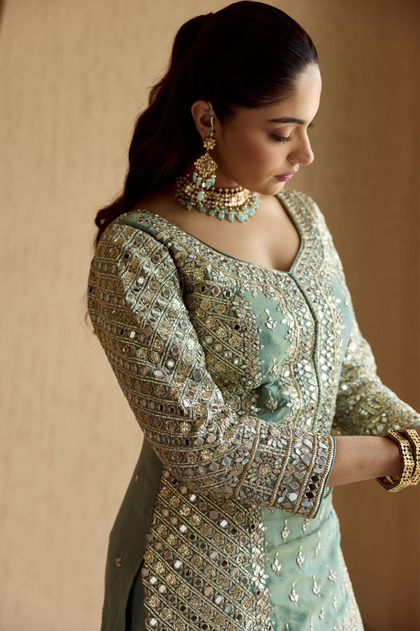 Teal Tissue Kurta Sharara Set - Suhino - Elahe