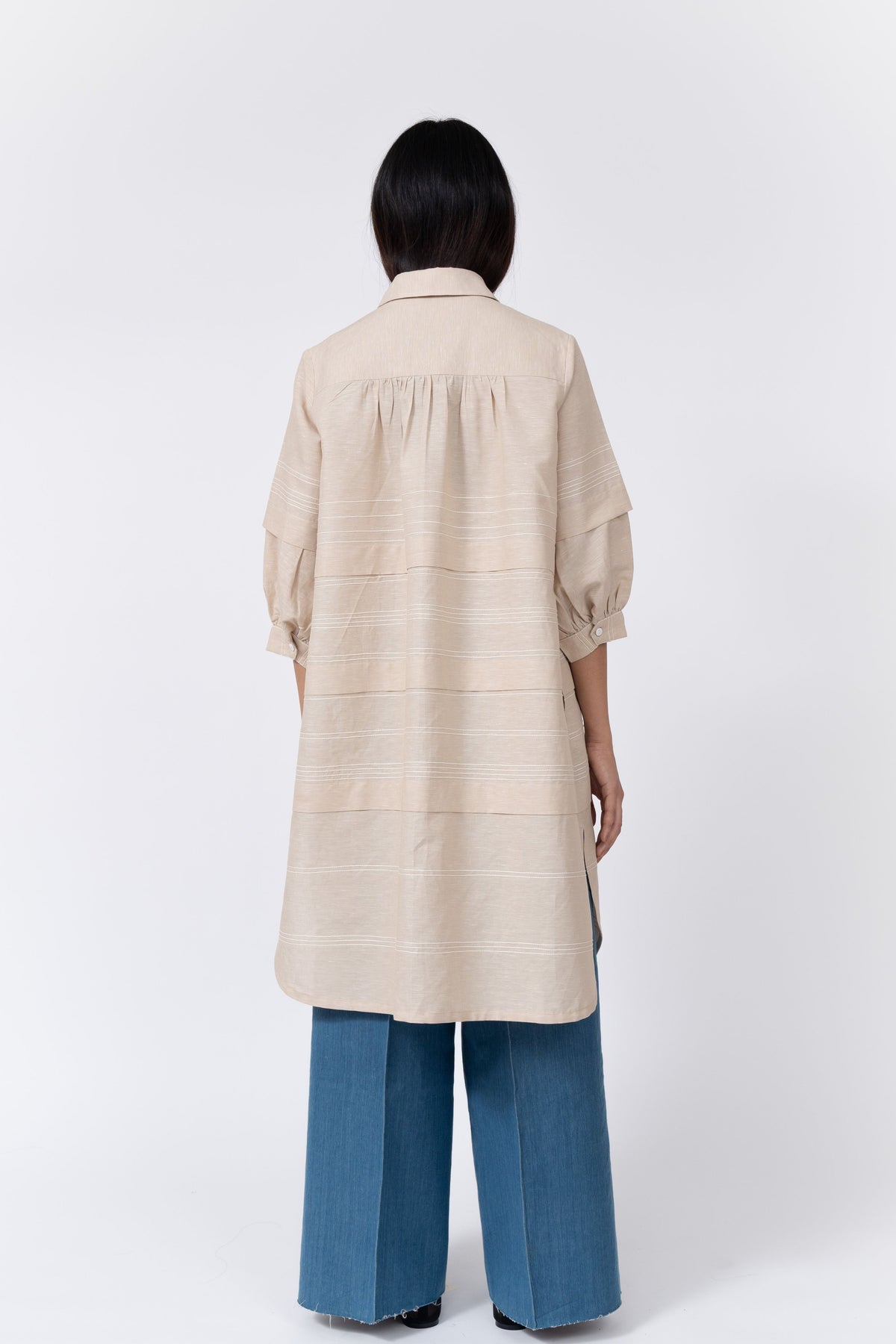 Pleated Fence Beige Shirt Dress