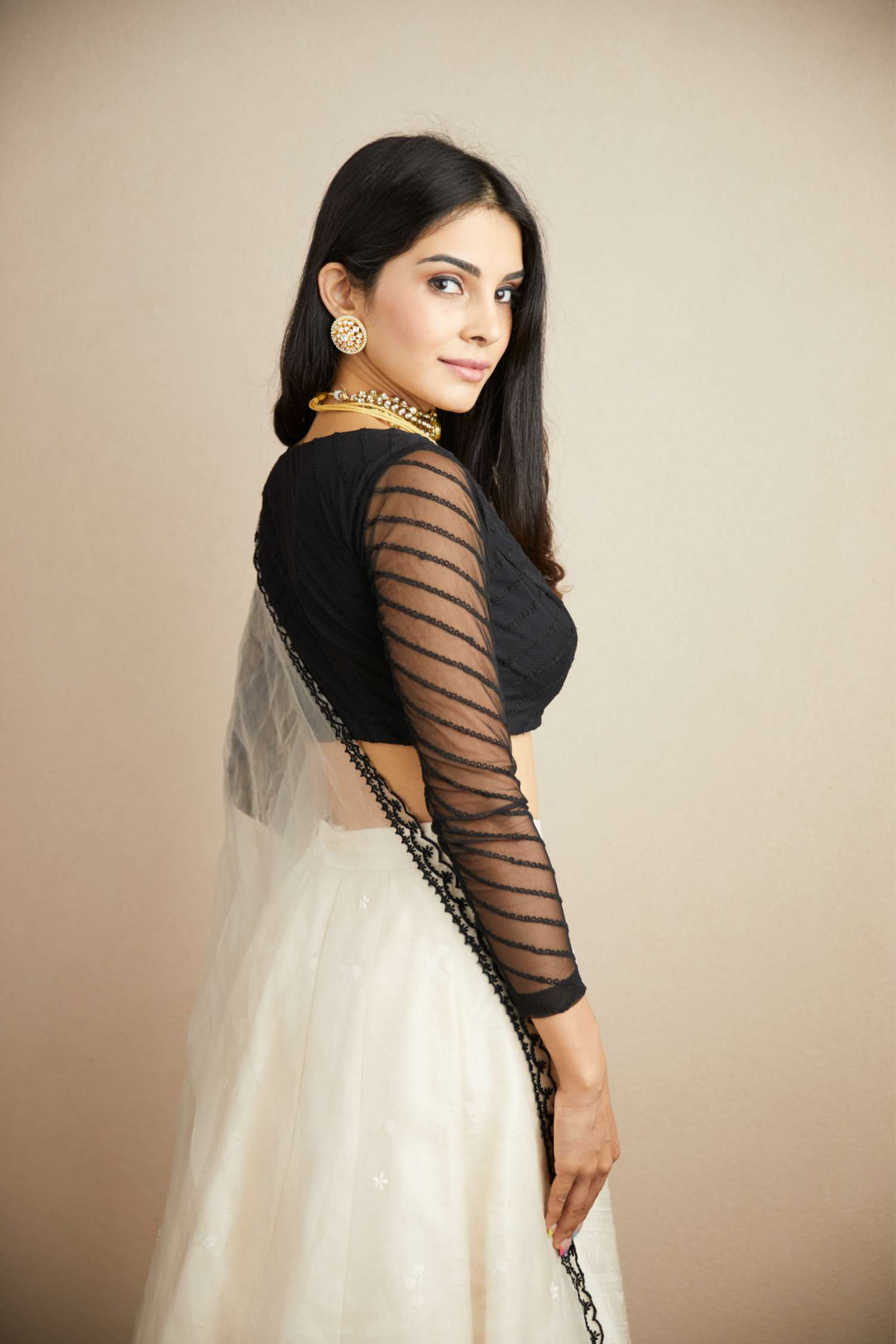White and Black Raw Silk Lehenga Set