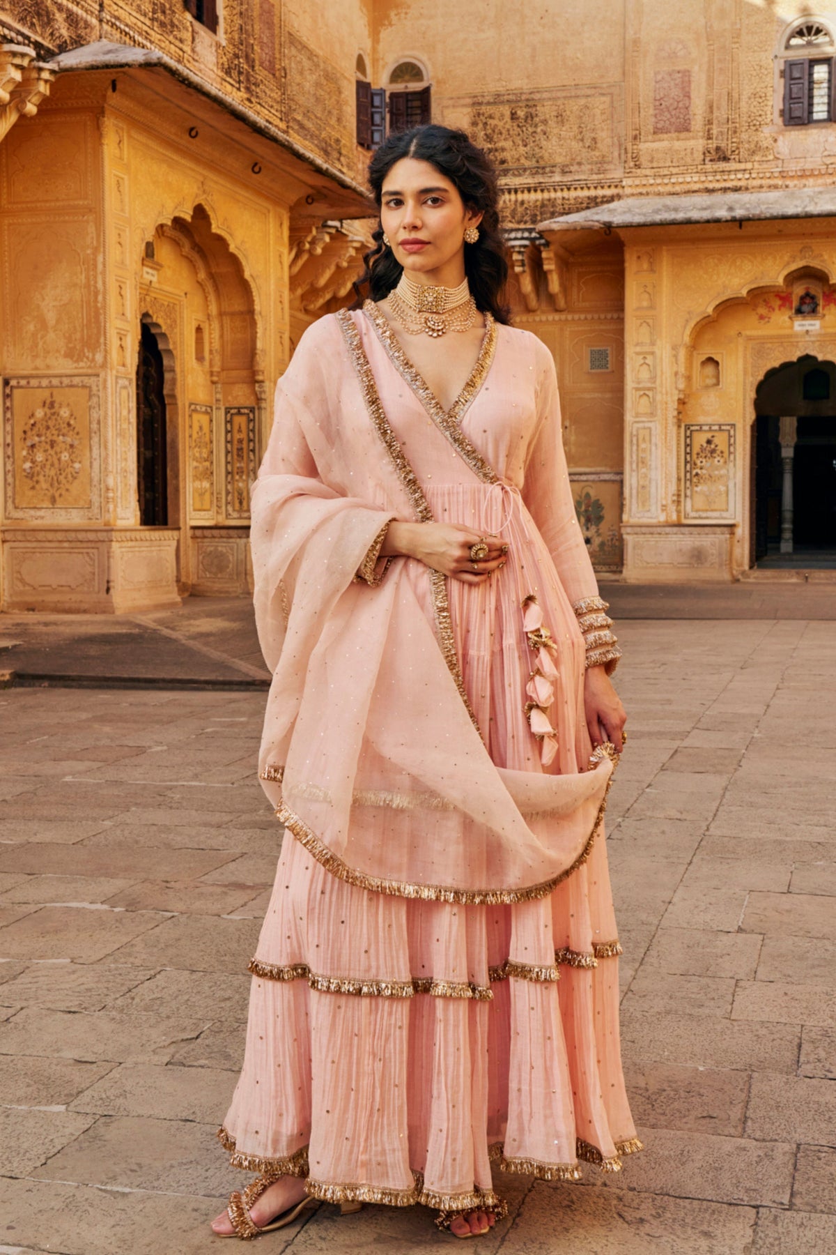 Vintage Blush Tiered Angrakha Set