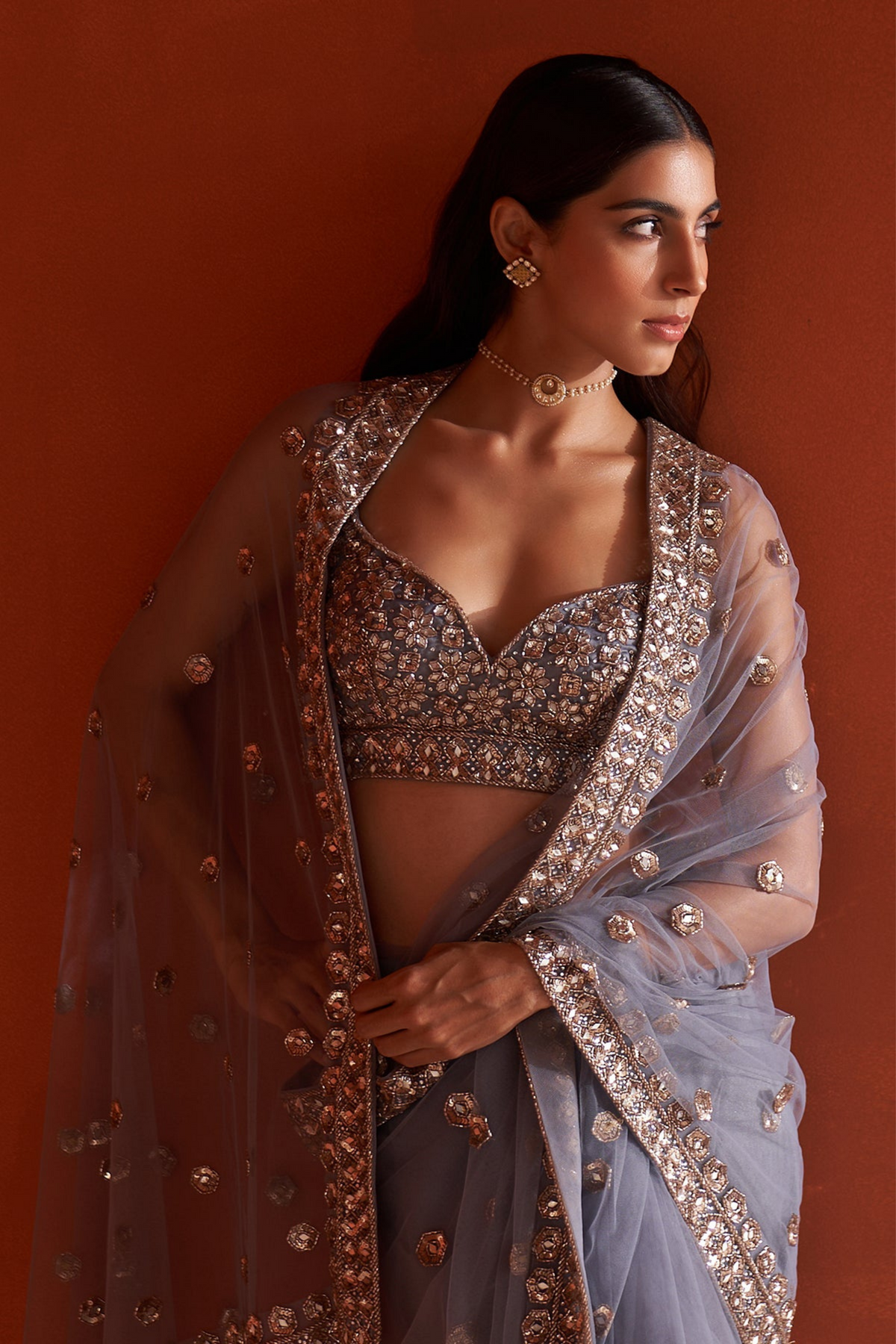 Grey Net Saree