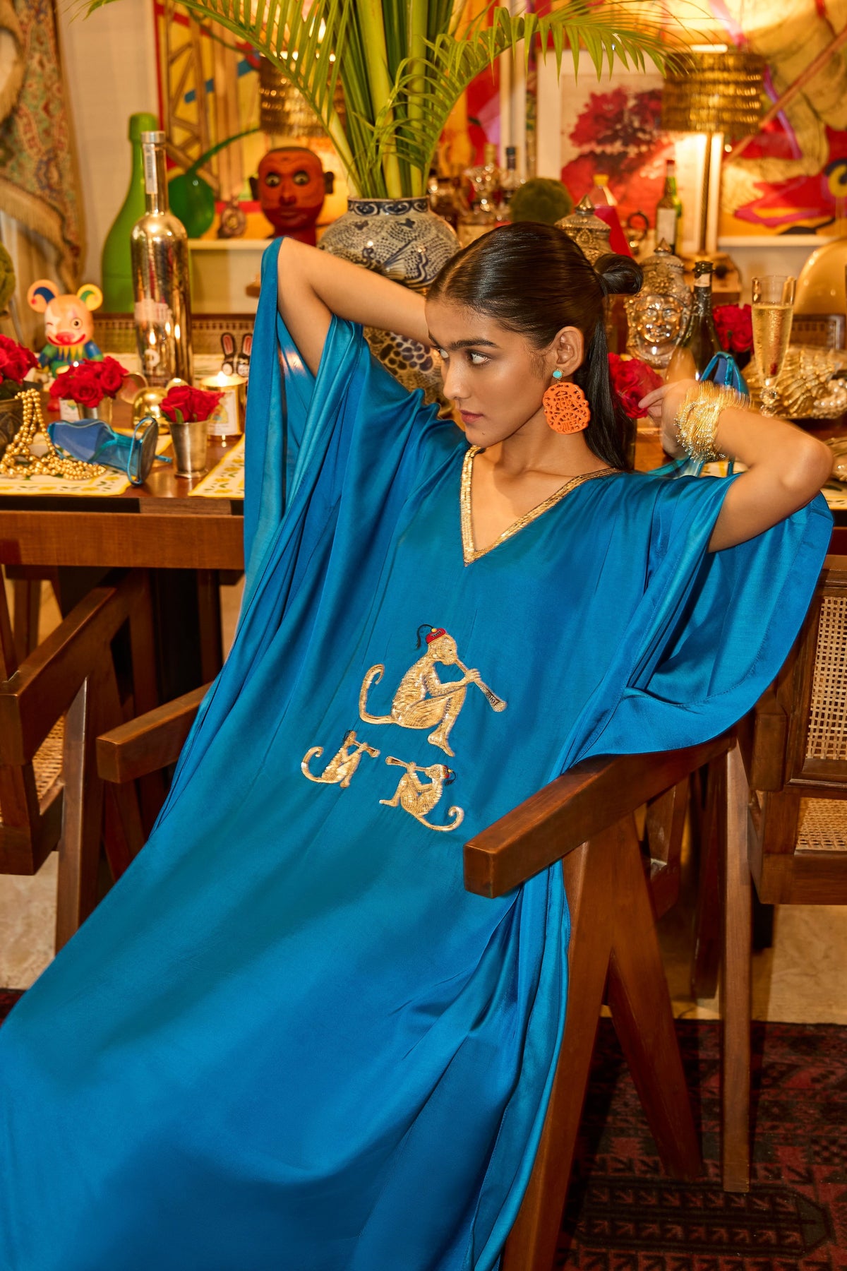 Blue Kaftan With Monkey Motif