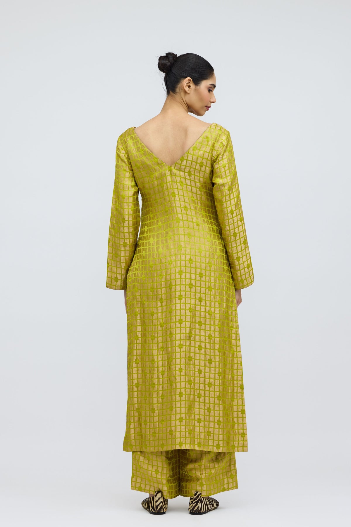 Chartreuse Grid Silk Brocade Kurta Set