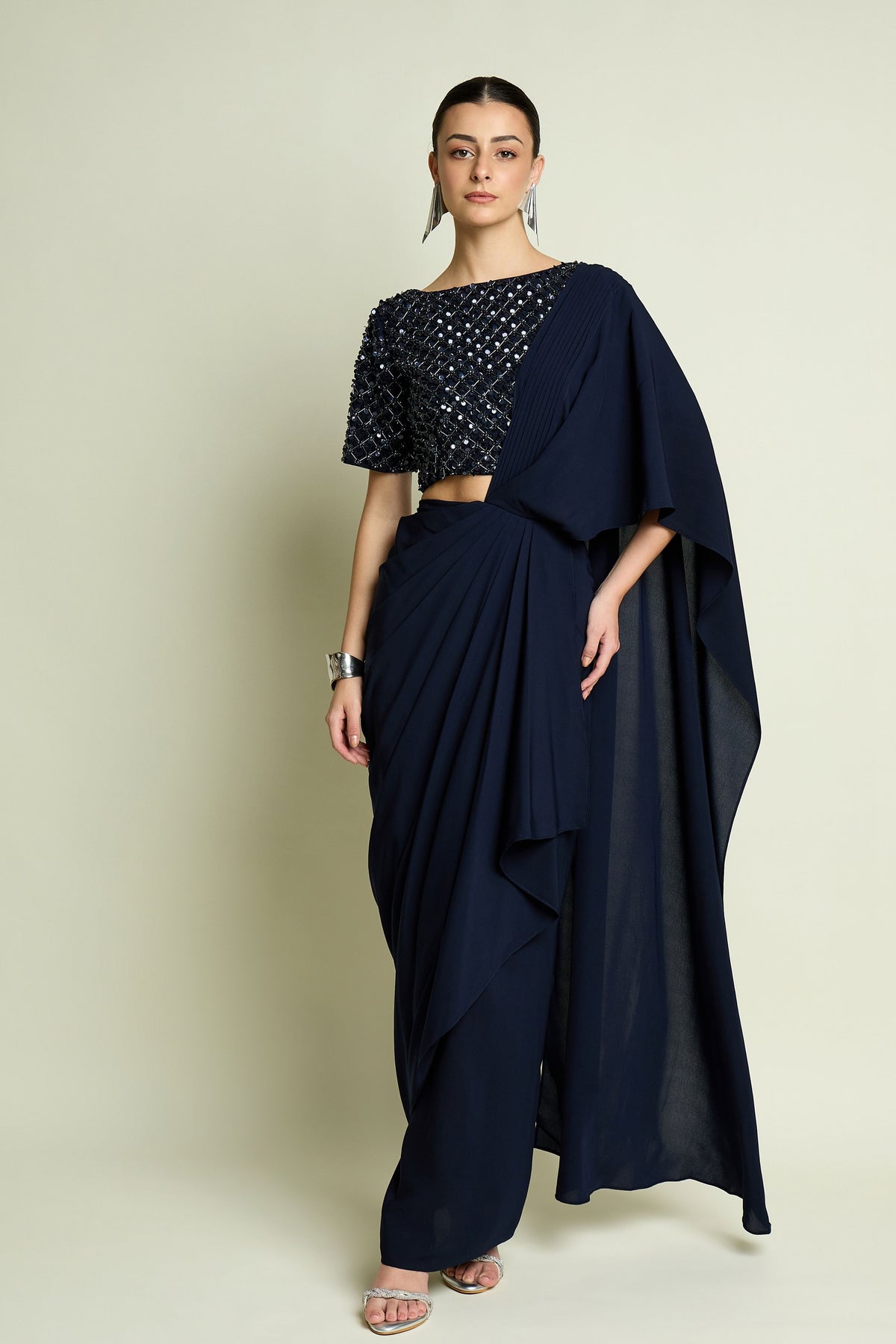 Crystal Navy Draped Saree Set
