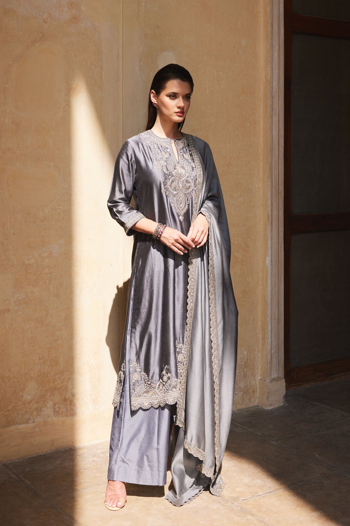 Teal Grey Embroidered Kurta Set