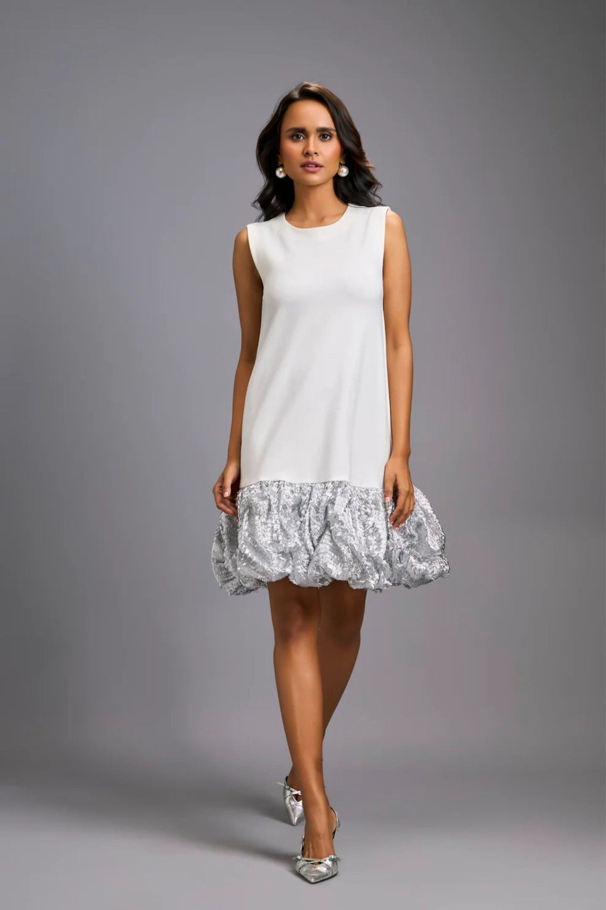 Ruffled Shimmer Silver Dress - Deepika Arora - Elahe