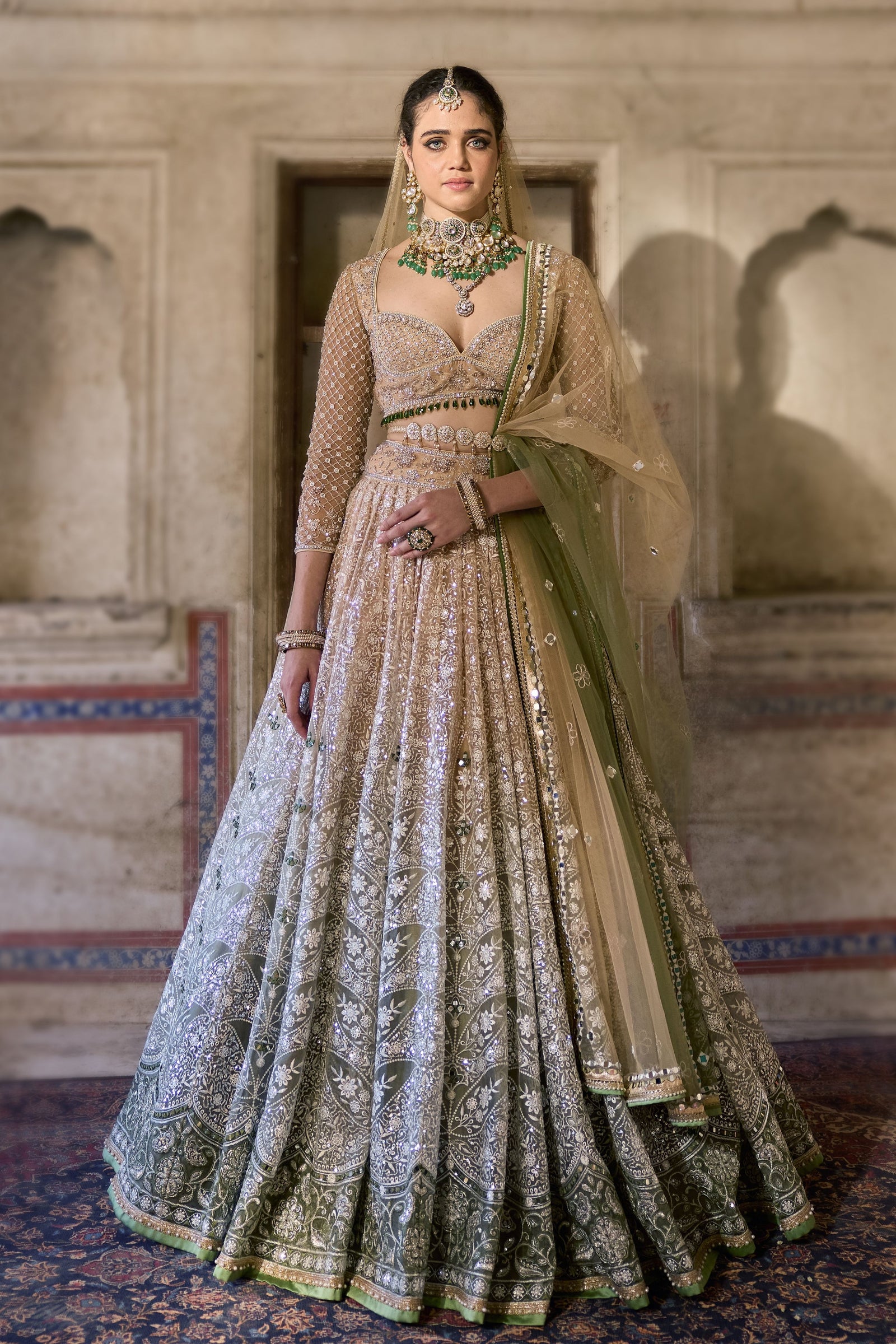 beige color bridal dress Beige wedding dress with sheer long sleeve embroidered bodice