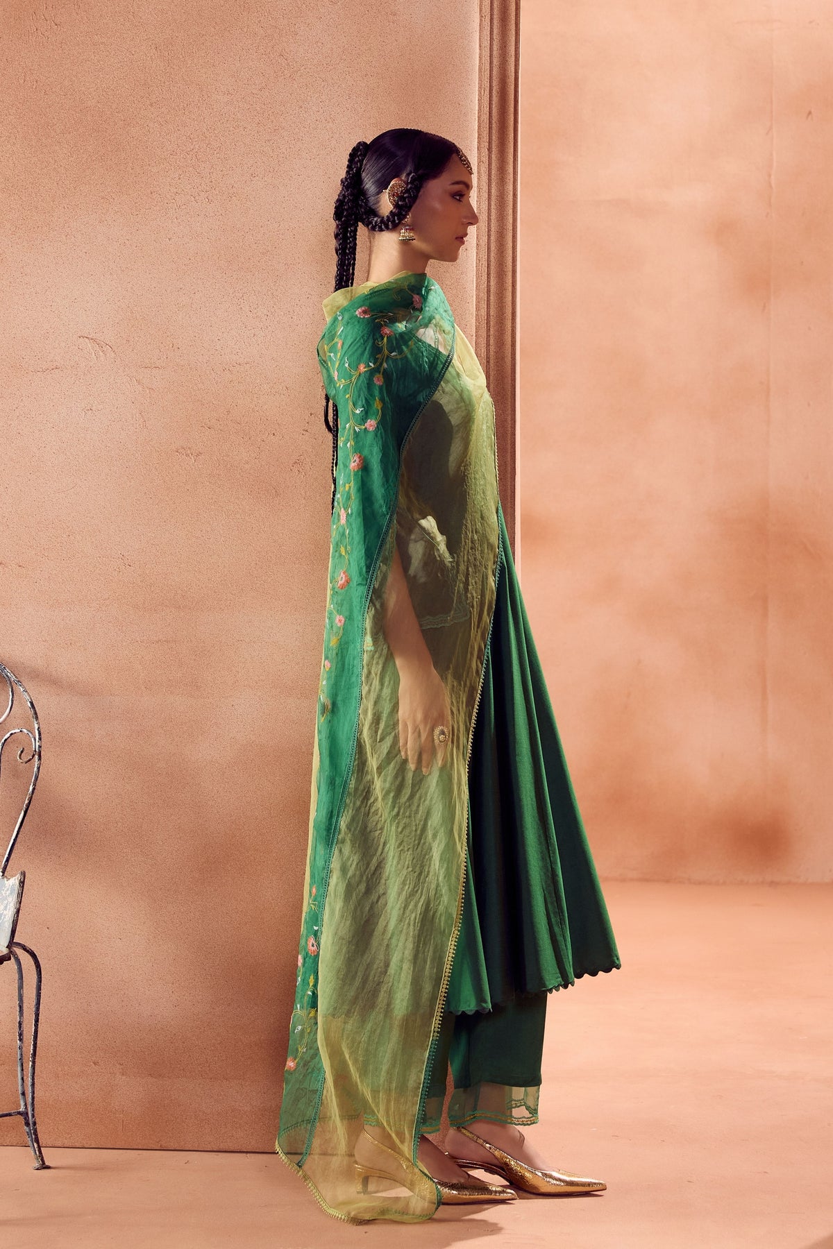 Green Floral Anarkali Set