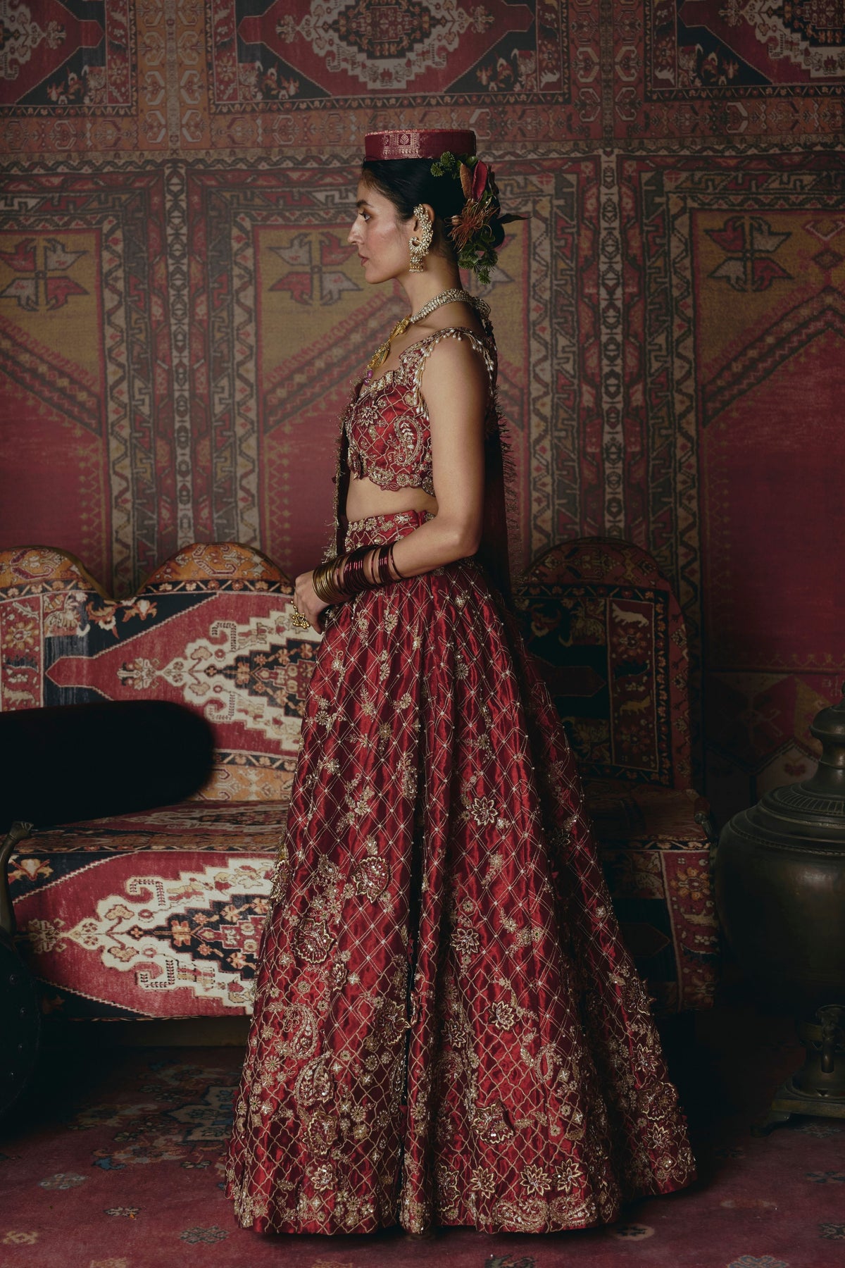 Maroon 3d Flower Lehenga Set