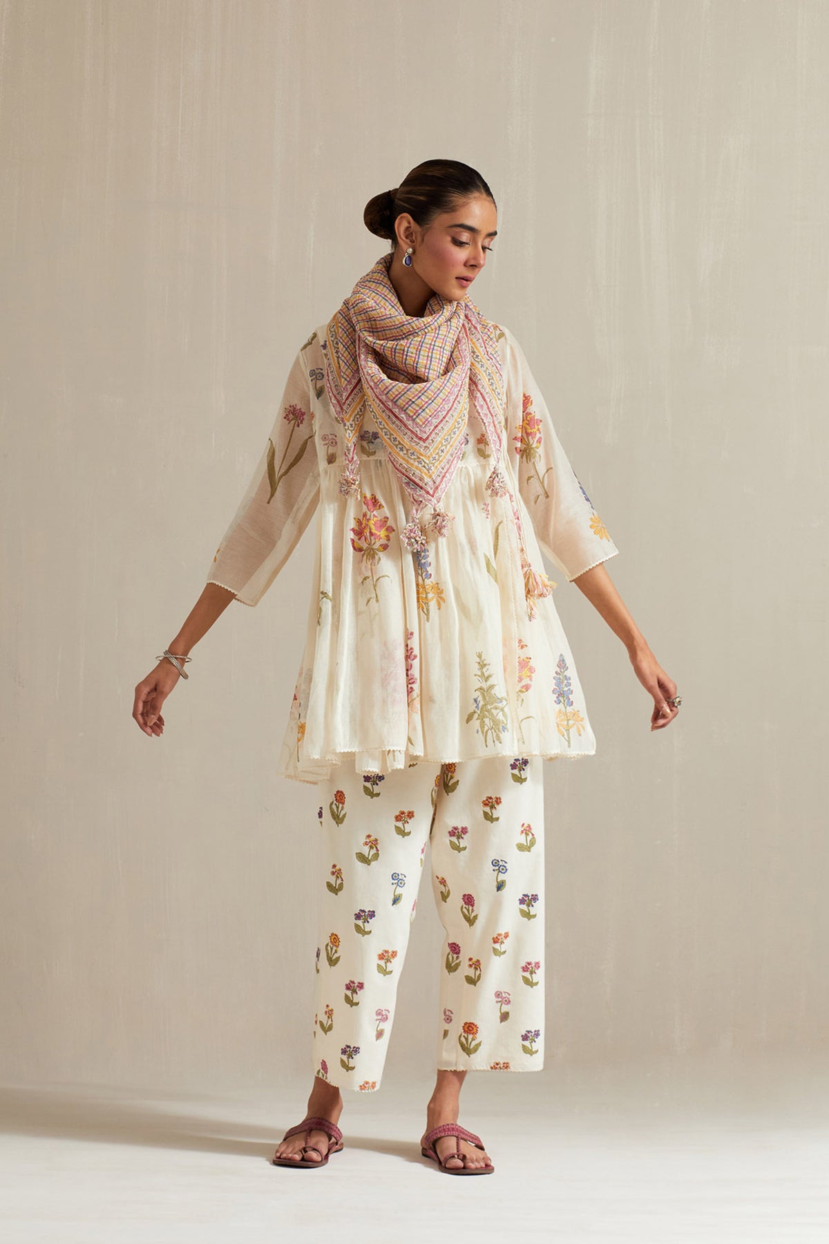 Off white short angrakha kurta set