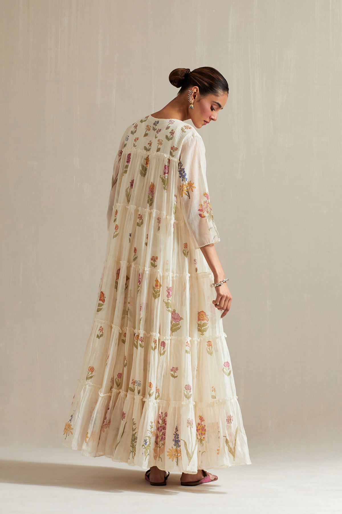 Off white hand block printed multi-tiered kurta set