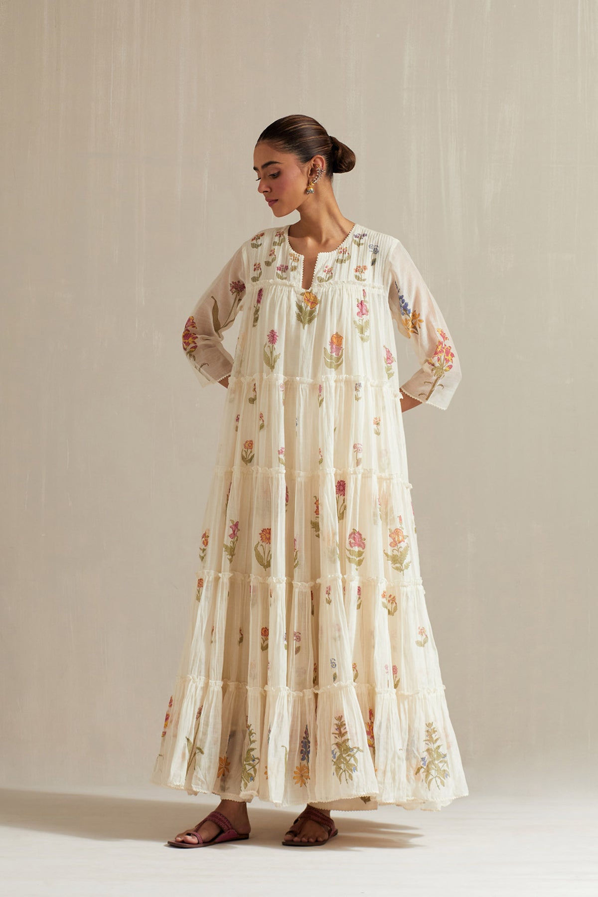 Off white hand block printed multi-tiered kurta set