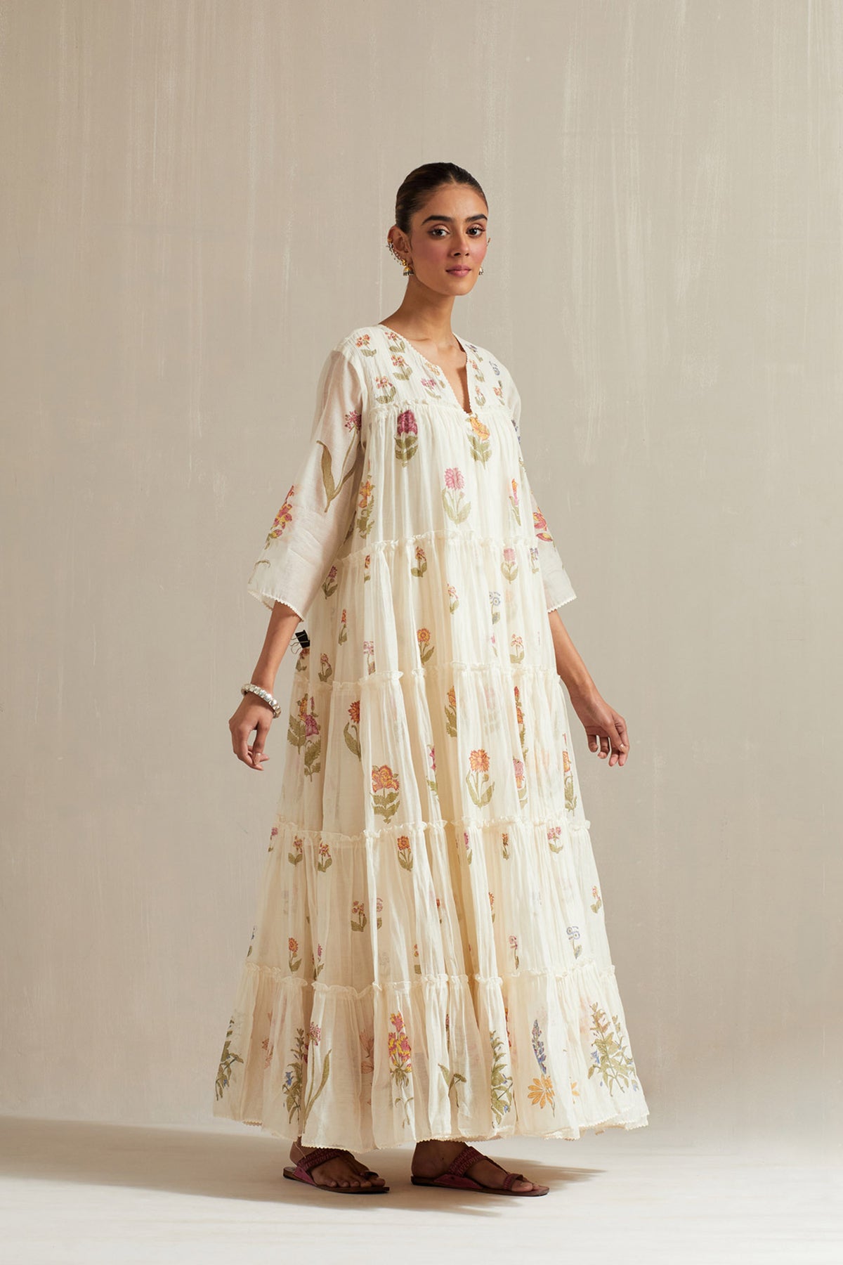 Off white hand block printed multi-tiered kurta set