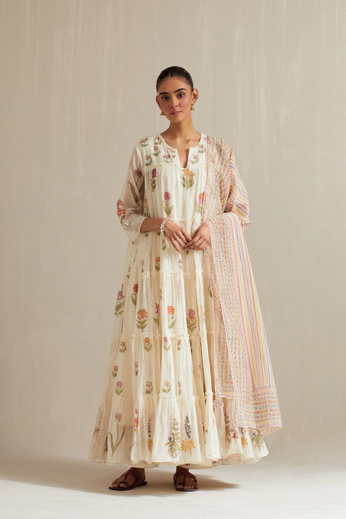 Off white hand block printed multi-tiered kurta set