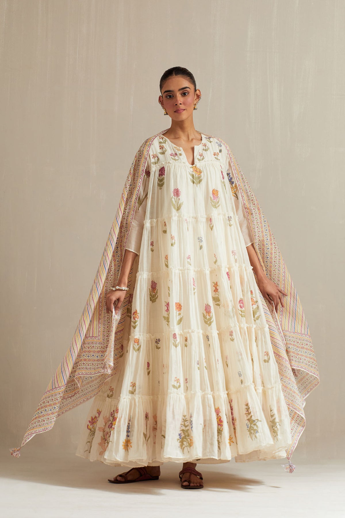 Off white hand block printed multi-tiered kurta set