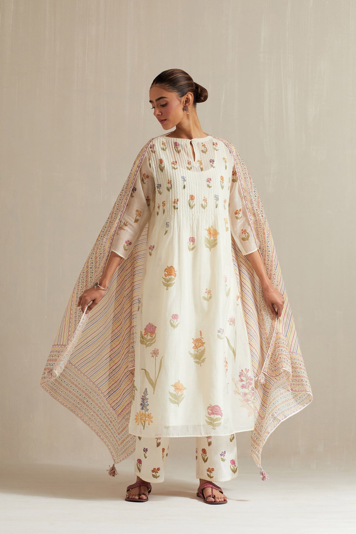 Off white cotton chanderi hand block printed kurta set