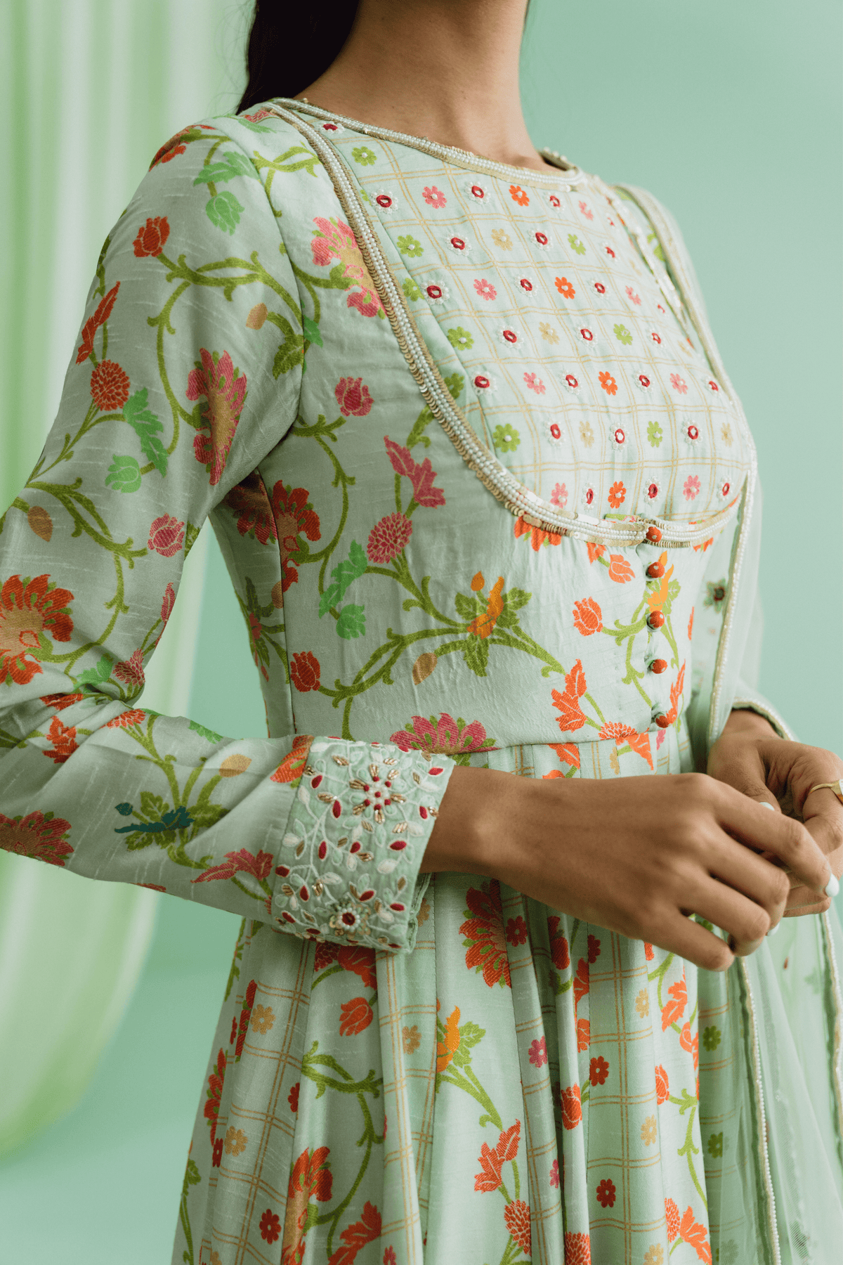 Green Mix Print Yoke Anarkali Set