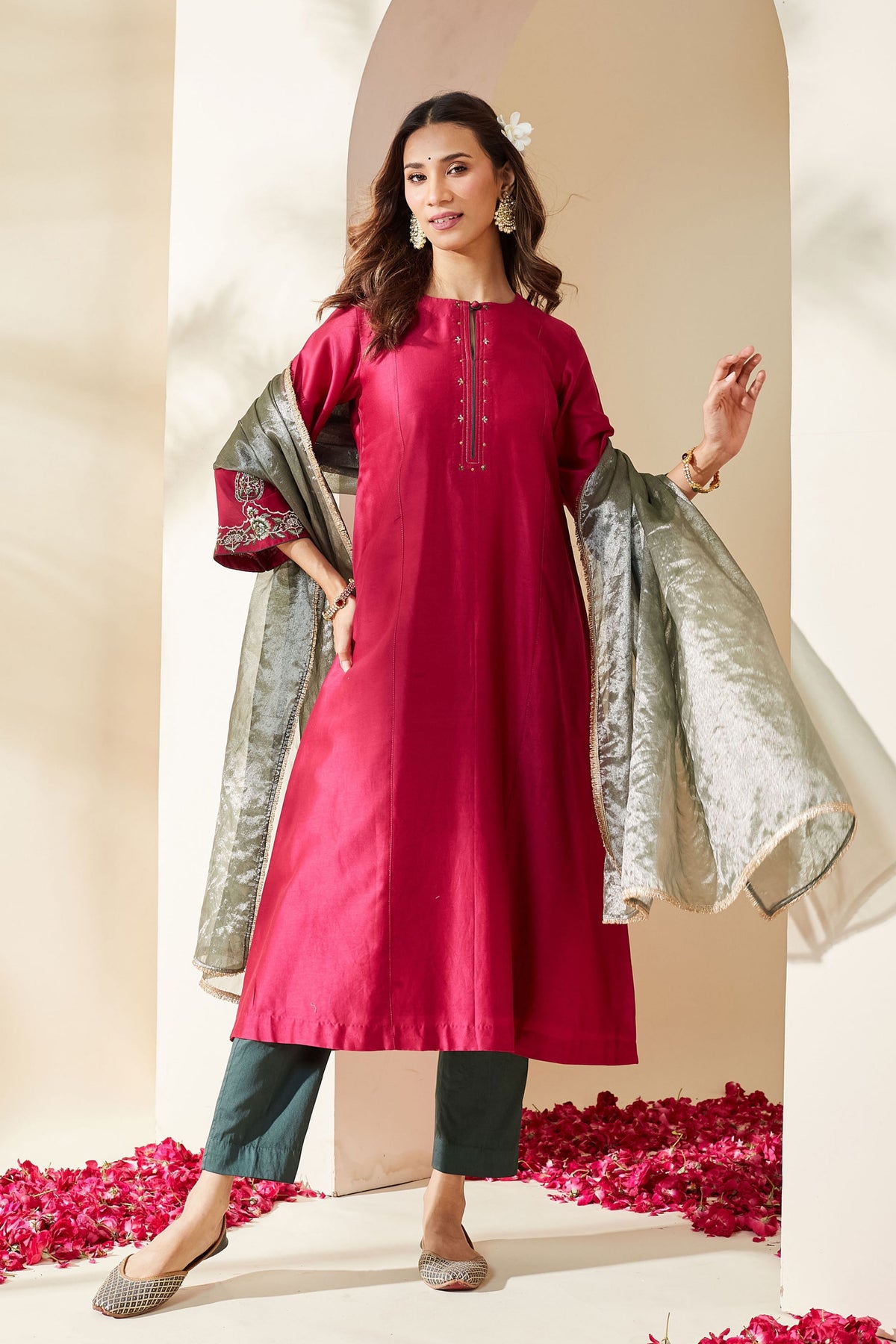 Magenta Floral Chanderi Kurta Set