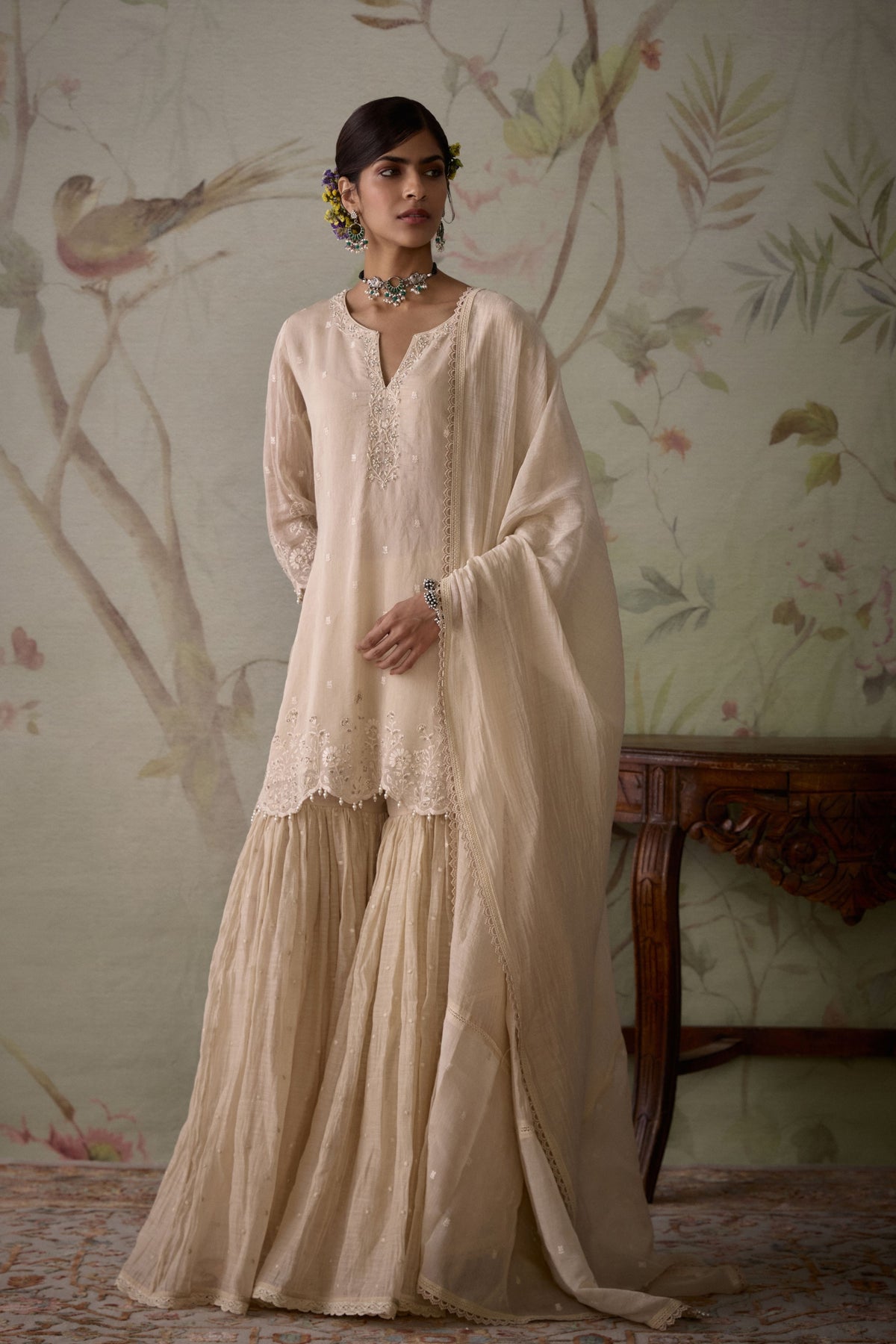 Ivory Scalloped Short Sharara Set
