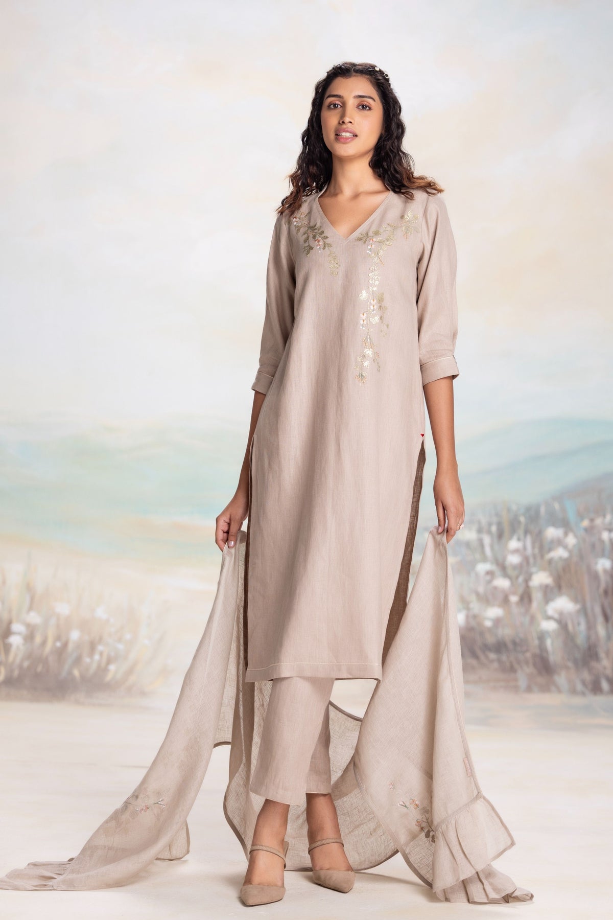 Golden Leaf Cement Kurta Set