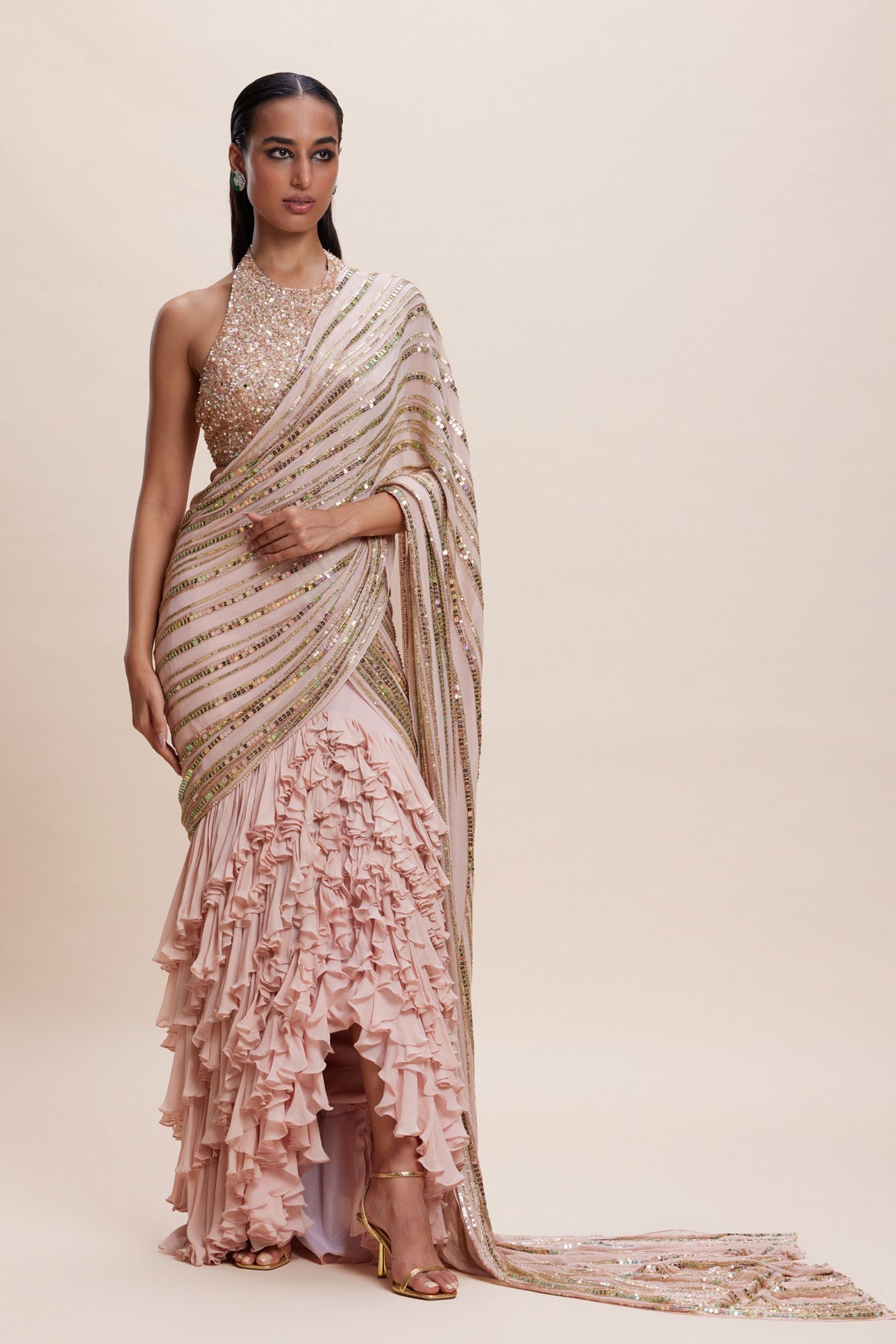 Pink Ruffle Draped Saree Set