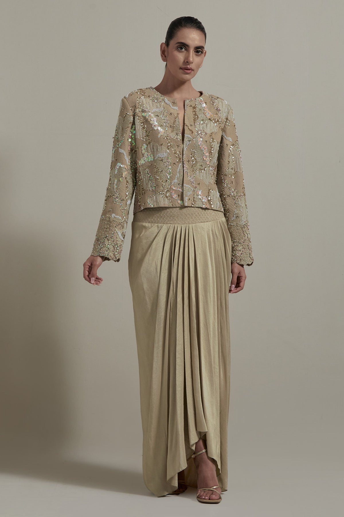 Beige Embellished Drape Skirt Set