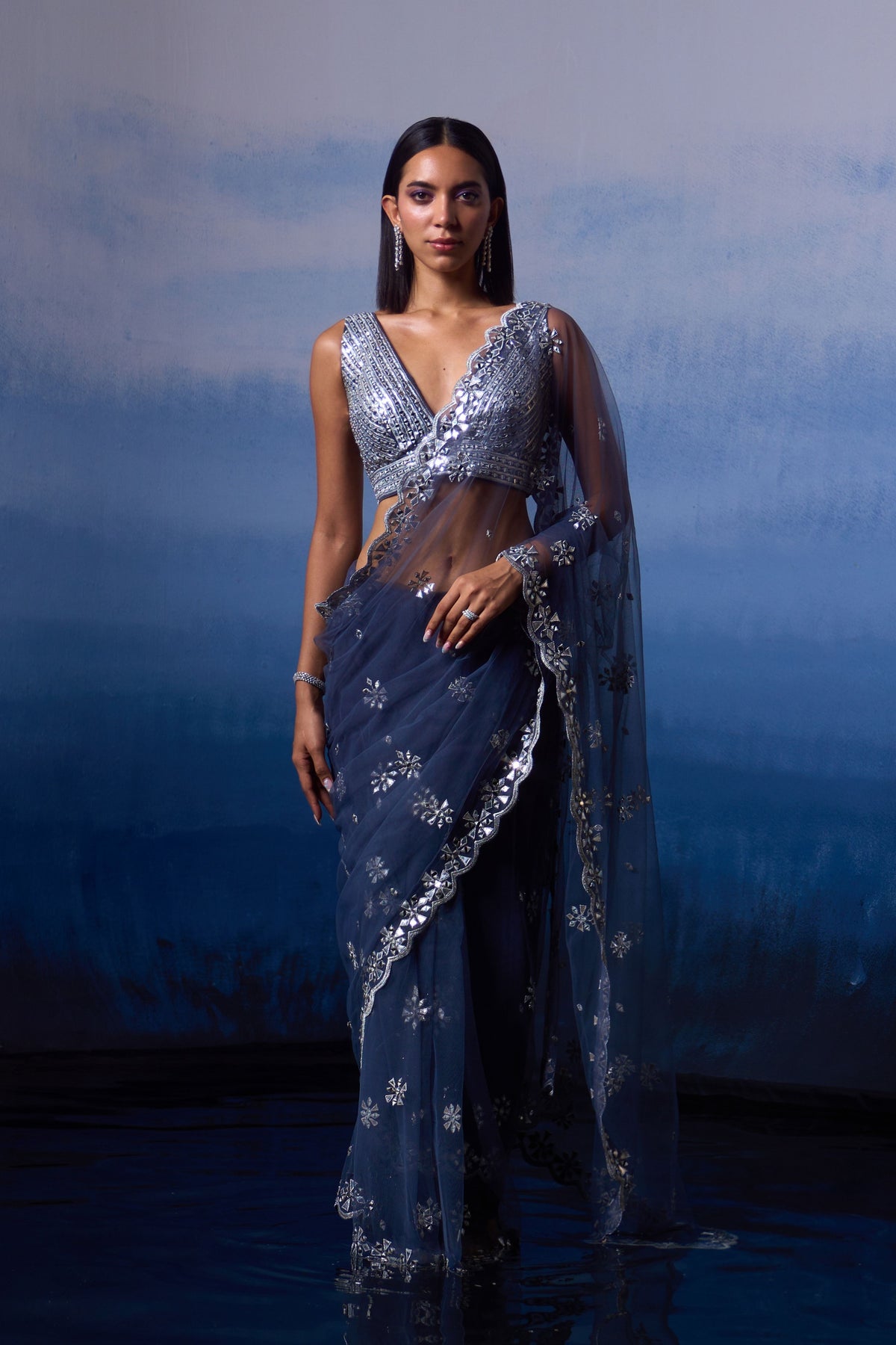 Grey Embroidered Saree Set