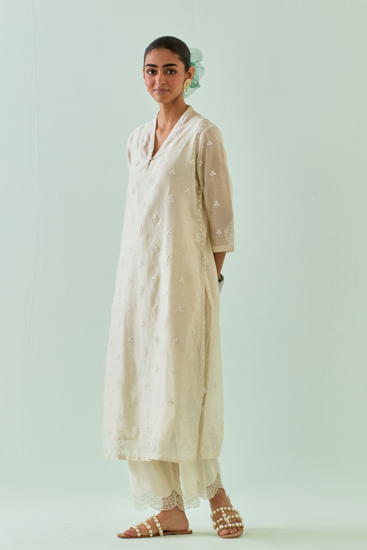 Off White Embroidered Straight Kurta Set