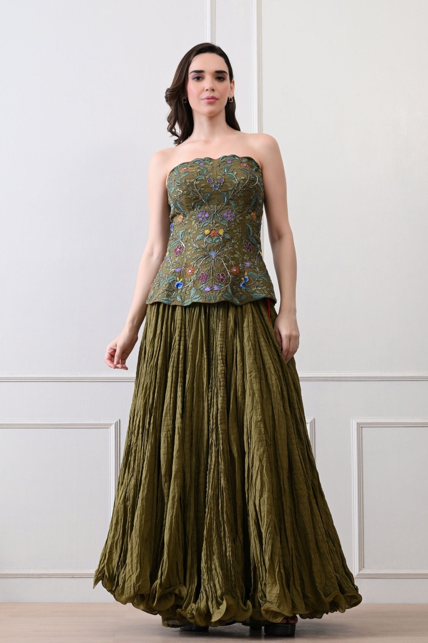 Olive Embroidered Corset Set - Samant Chauhan - Elahe
