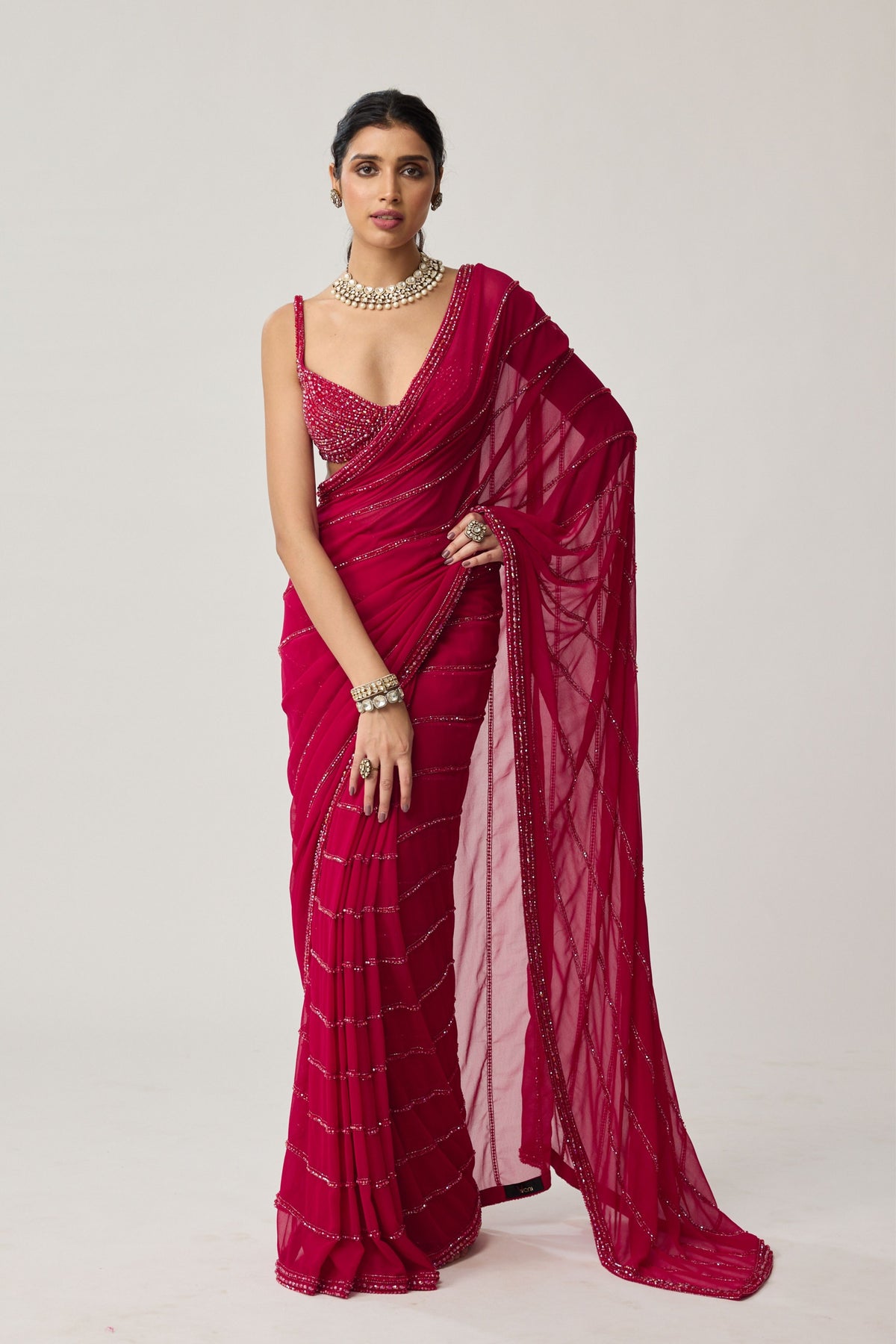 Ruby Red Crystal Saree Set
