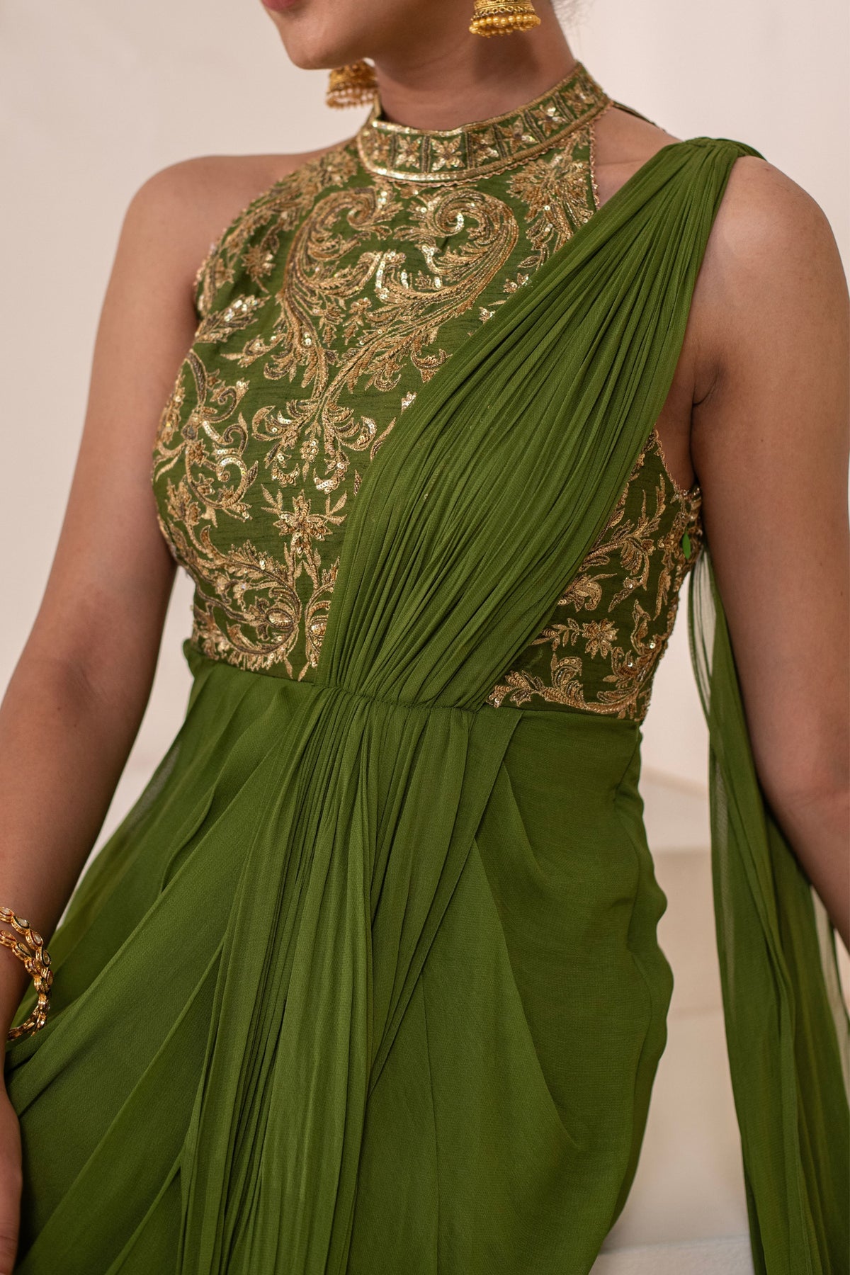 Olive Green  Embellished  Drape Saree