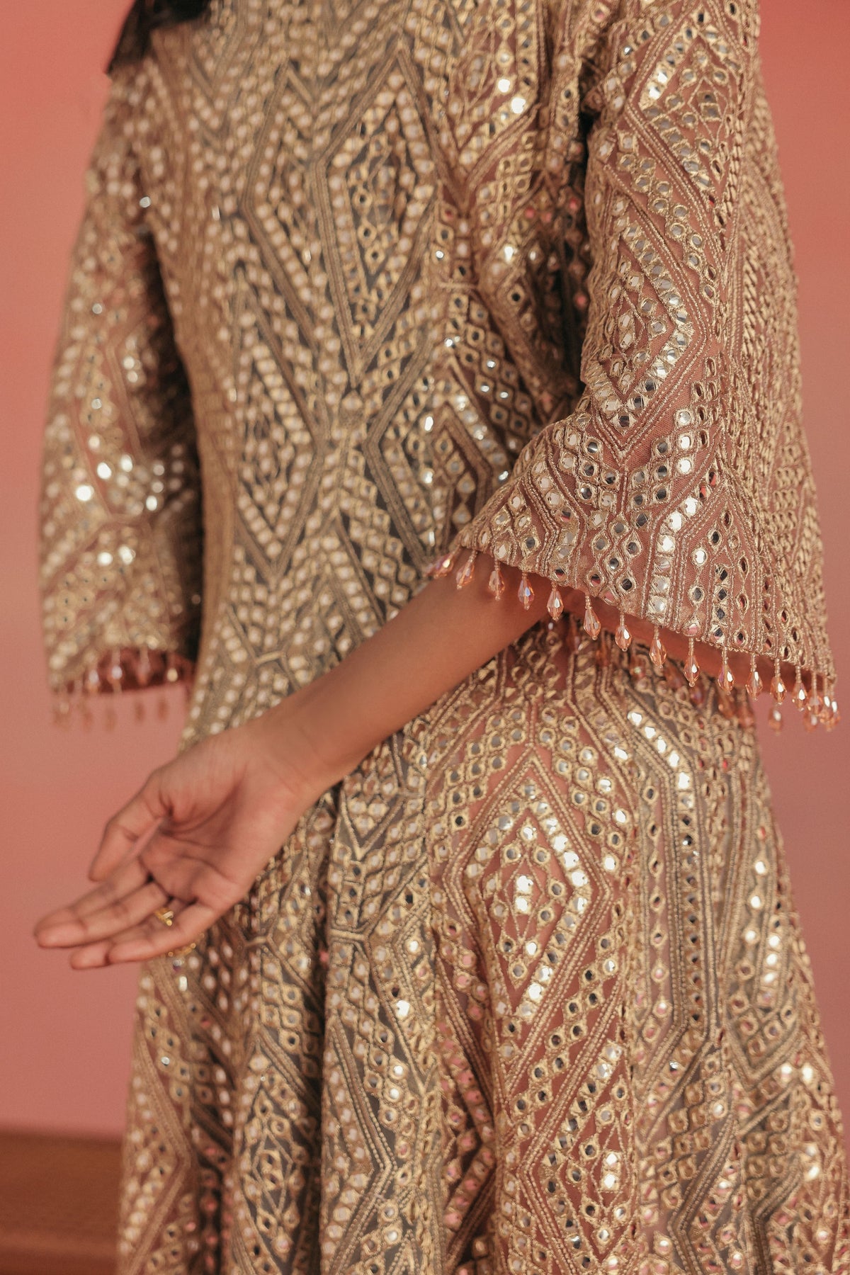 Mirror Work Wing Collar Long Anarkali Jacket Set