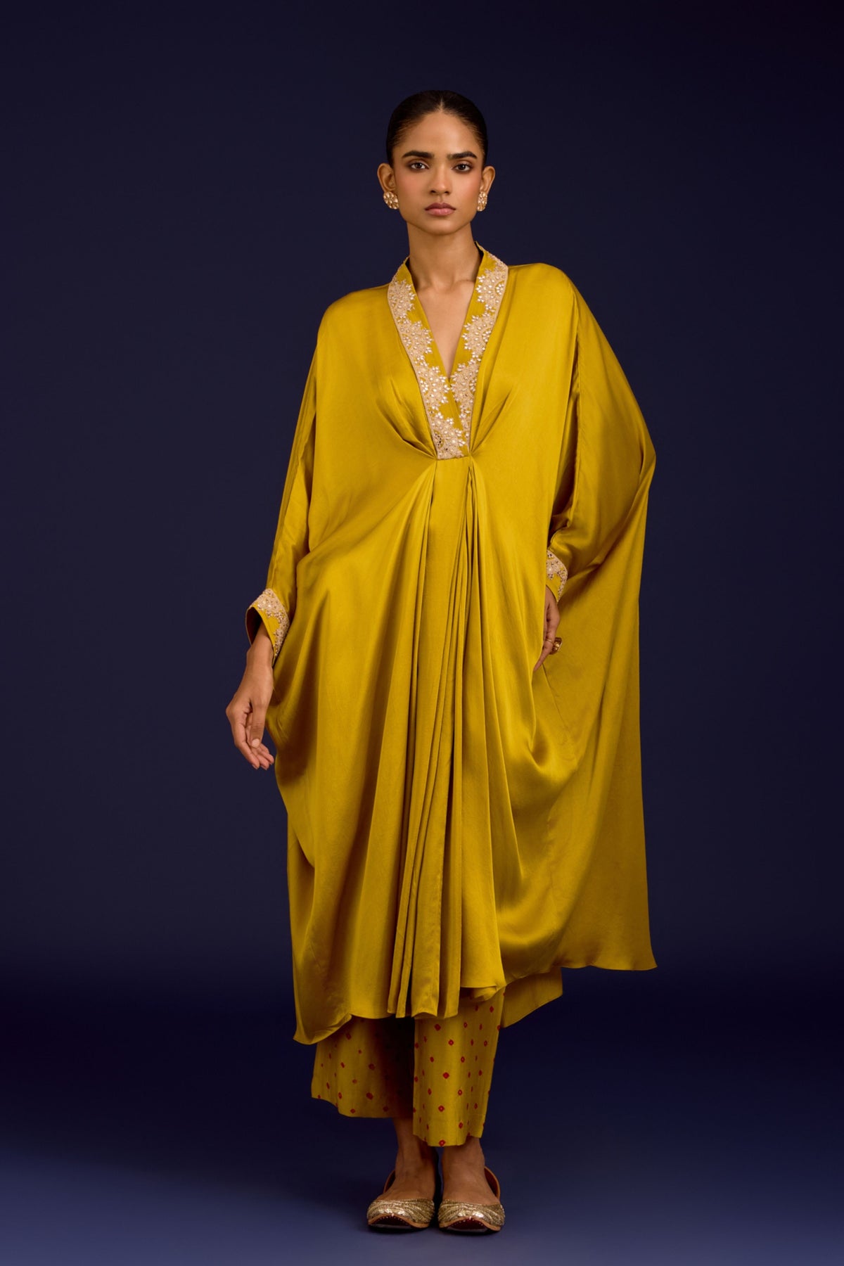 Mustard Embroidered Kaftan Set