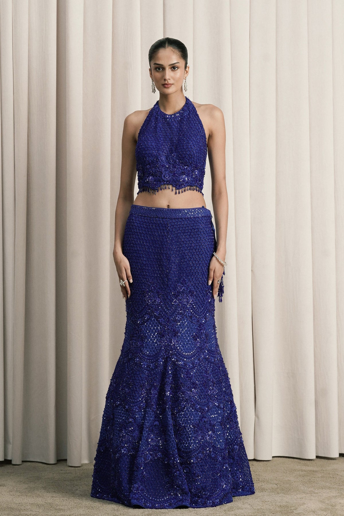 Royal Blue Pearl Sequin Lehenga Set