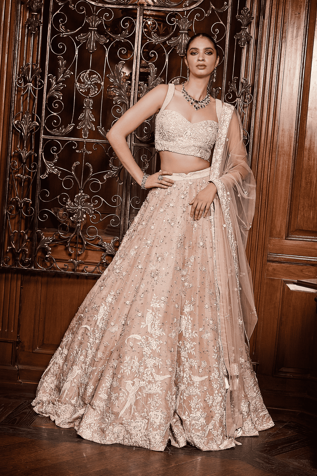 Contemporary Parsi Aged Peach Lehenga Set