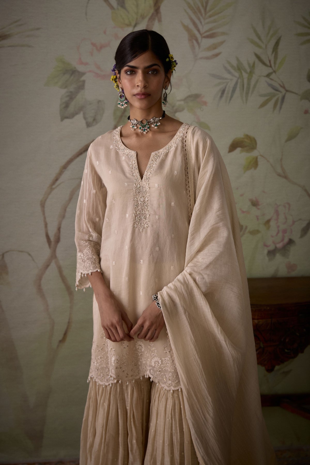 Ivory Scalloped Short Sharara Set