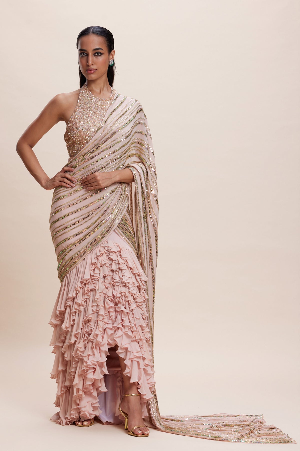 Pink Ruffle Draped Saree Set
