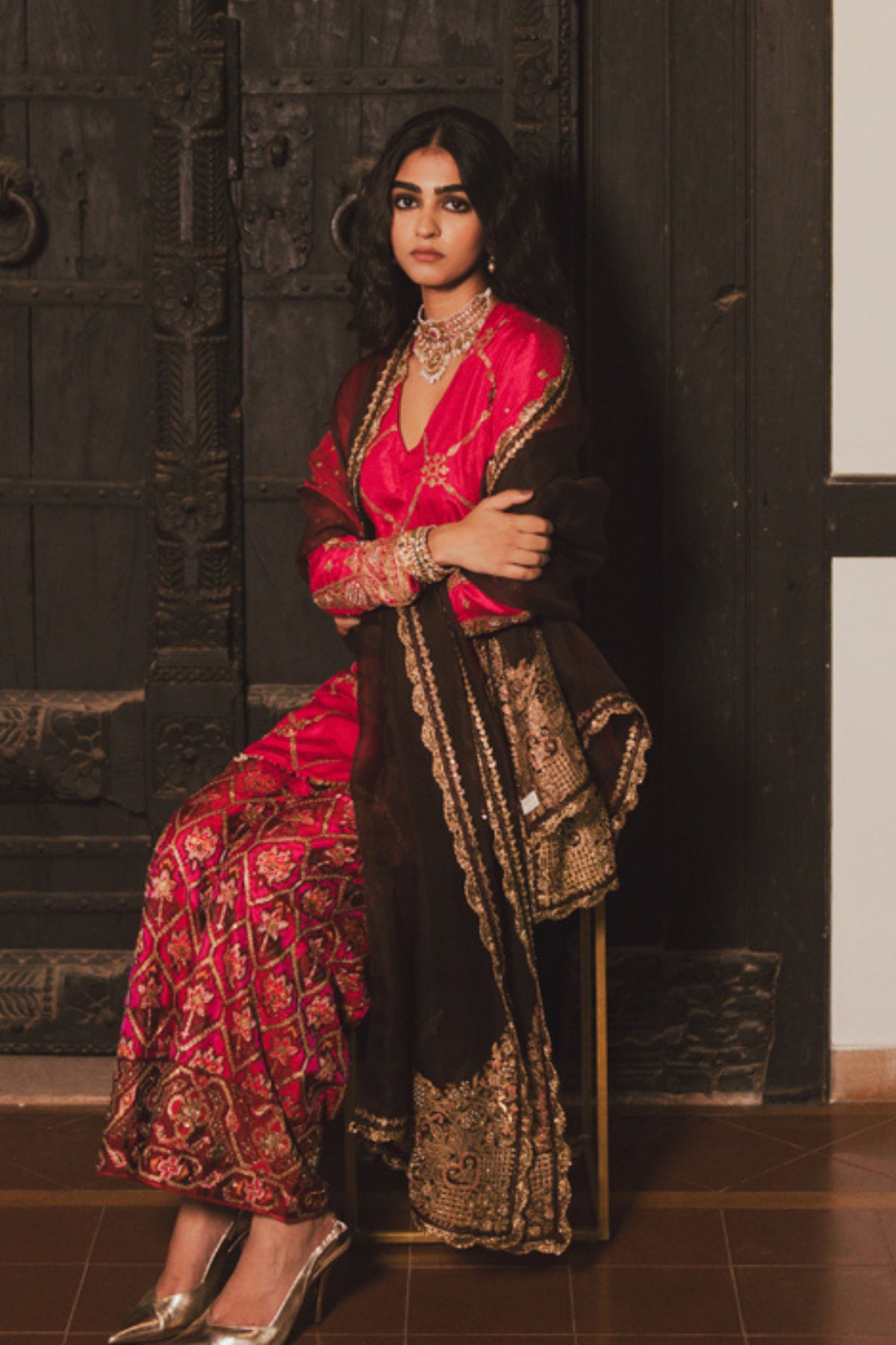 Brown With Pink Gul Dupatta