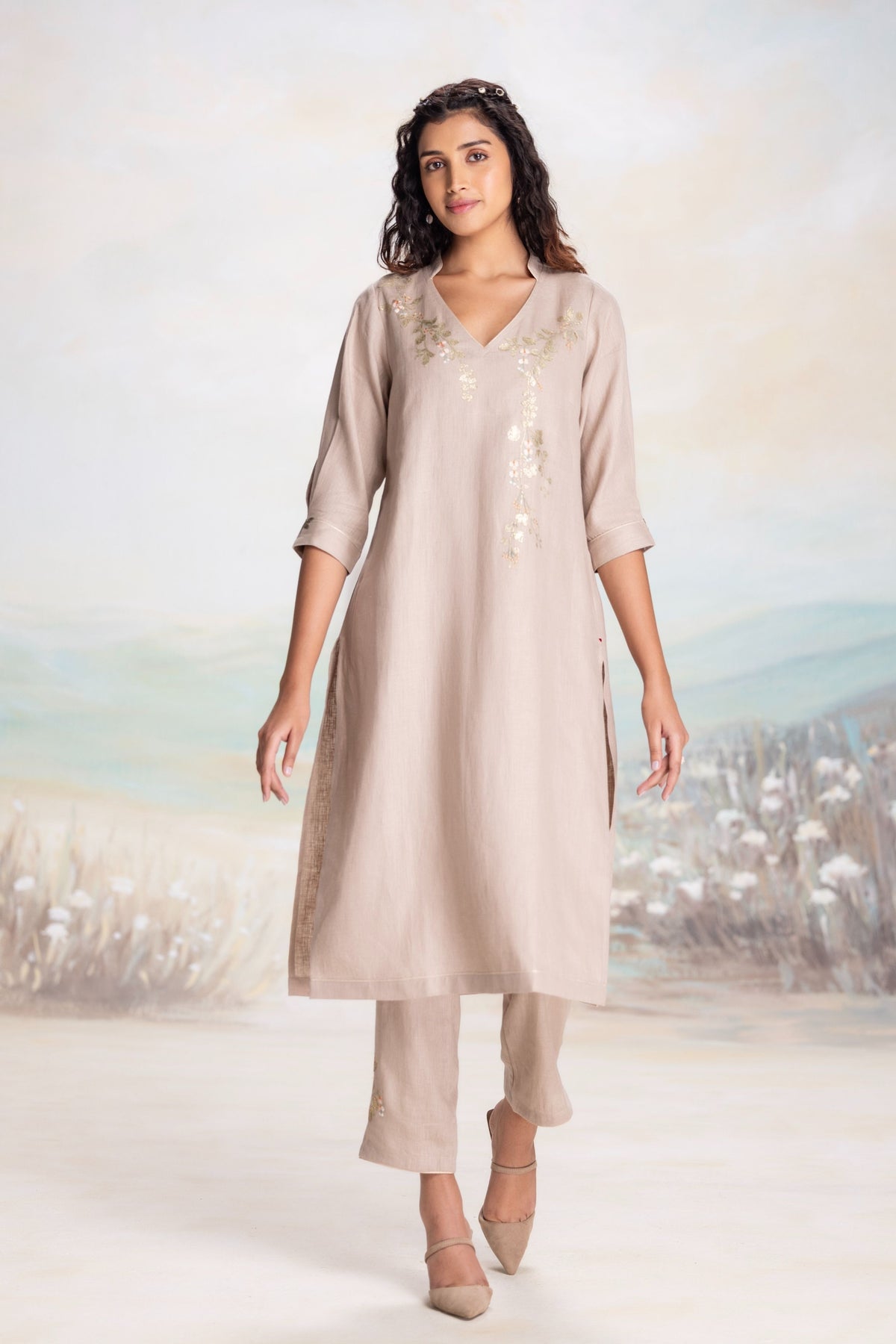 Golden Leaf Cement Kurta Set